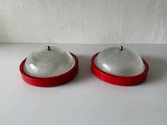 Glass Red Metal Base Pair of Sconces or Ceiling Lamps by Reggiani, 1970s, Italy