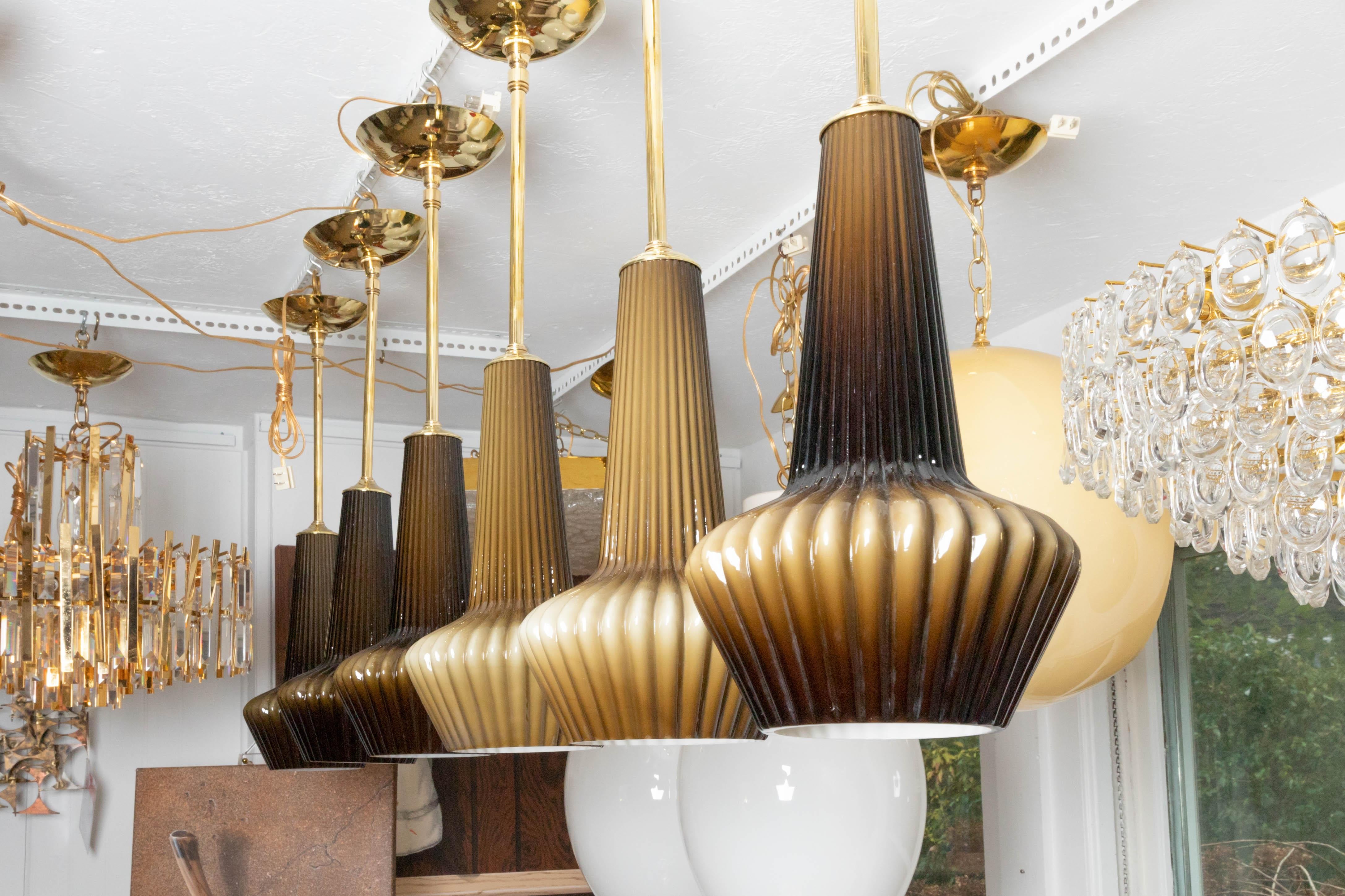 Glass Ribbed Pendant Ceiling Fixture with Brass Detail For Sale 4