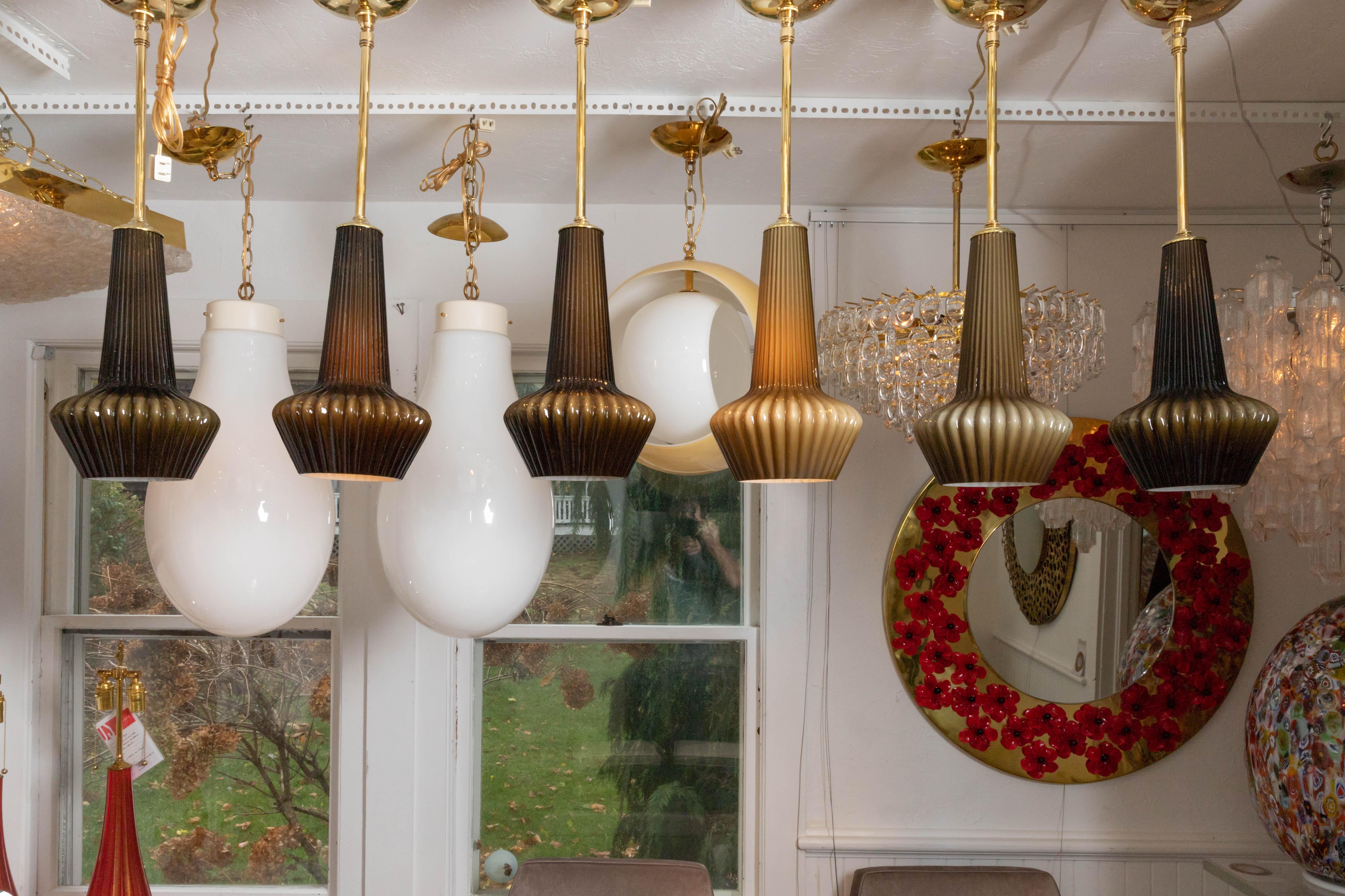 Glass Ribbed Pendant Ceiling Fixture with Brass Detail In Good Condition For Sale In Bridgehampton, NY