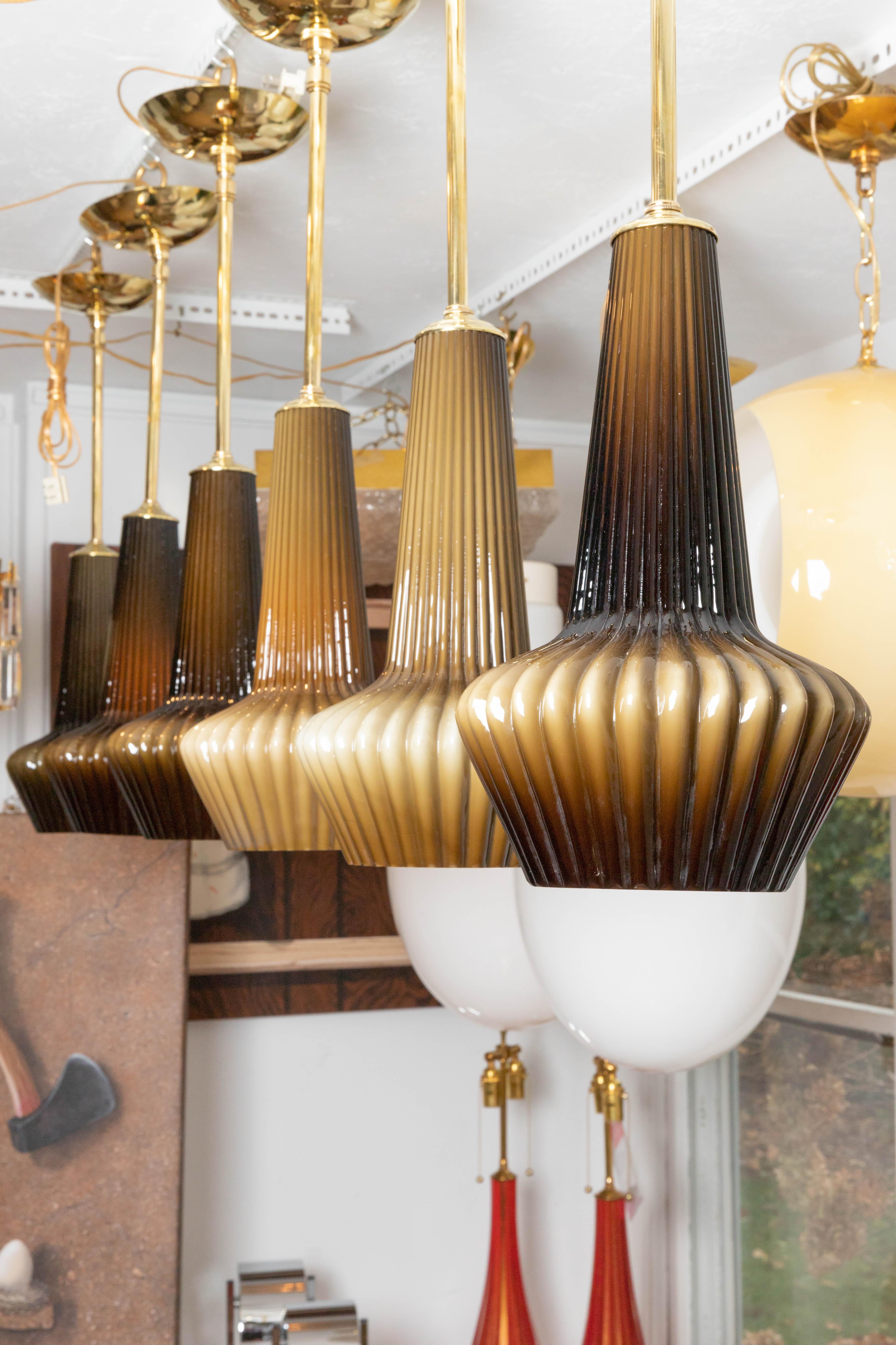 Glass Ribbed Pendant Ceiling Fixture with Brass Detail For Sale 2