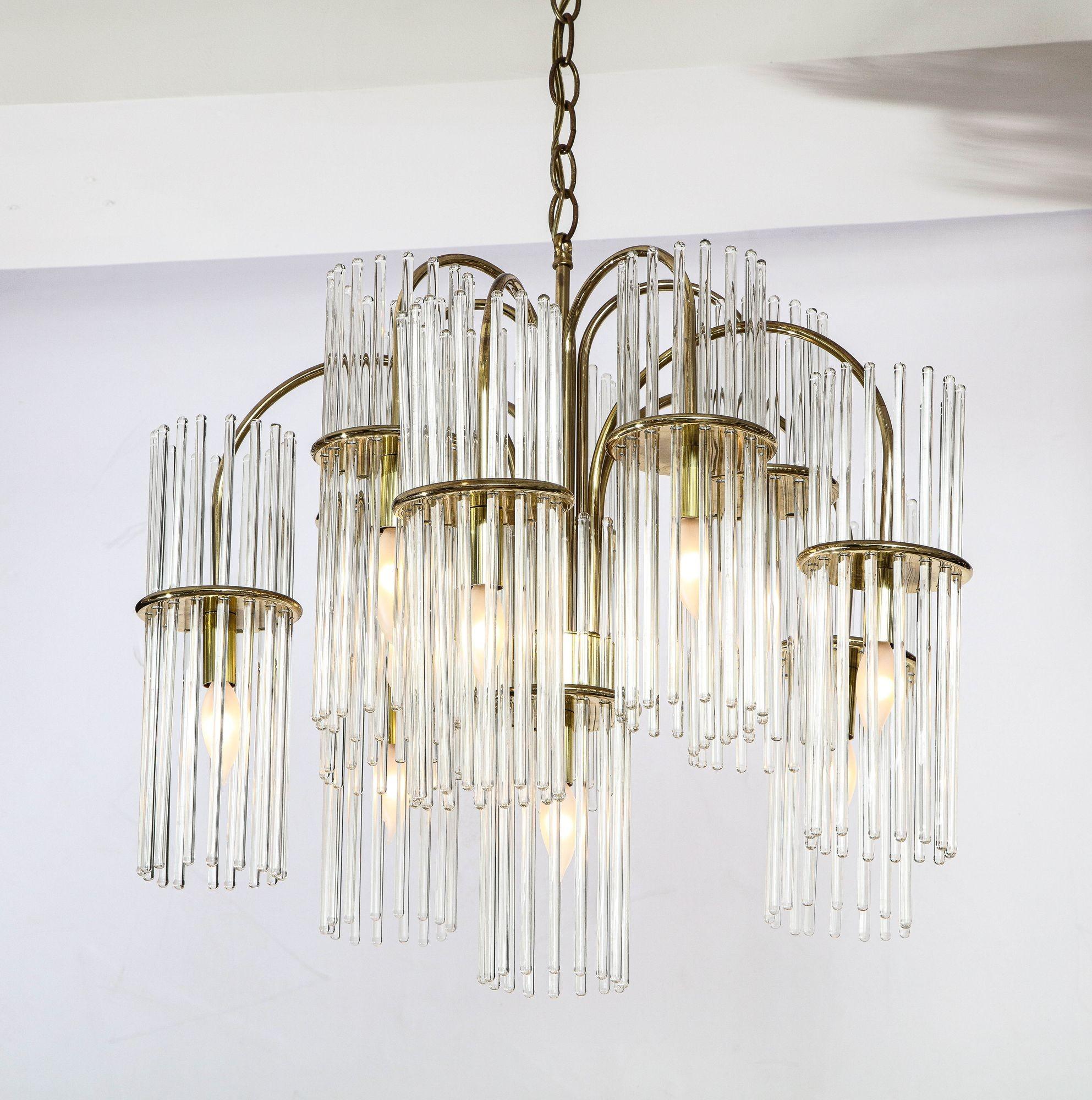 Glass rod chandelier pendant lamp by Gaetano Sciolari with ten lights tiered around the central light.