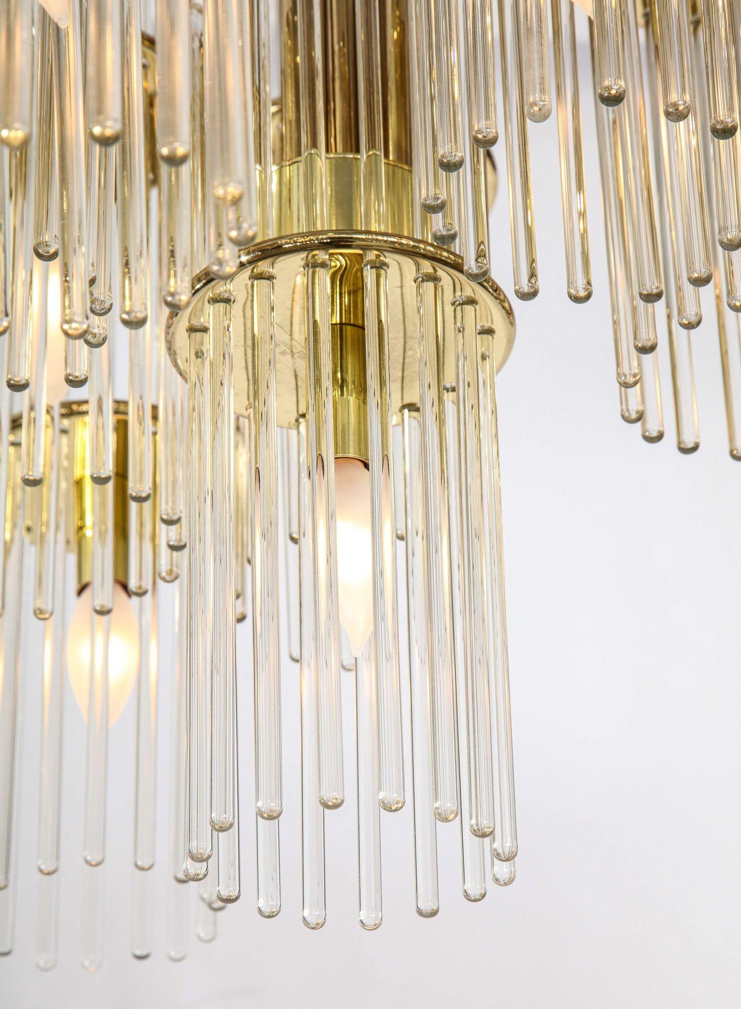 Brass Glass Rod Chandelier Pendant Lamp by Gaetano Sciolari For Sale