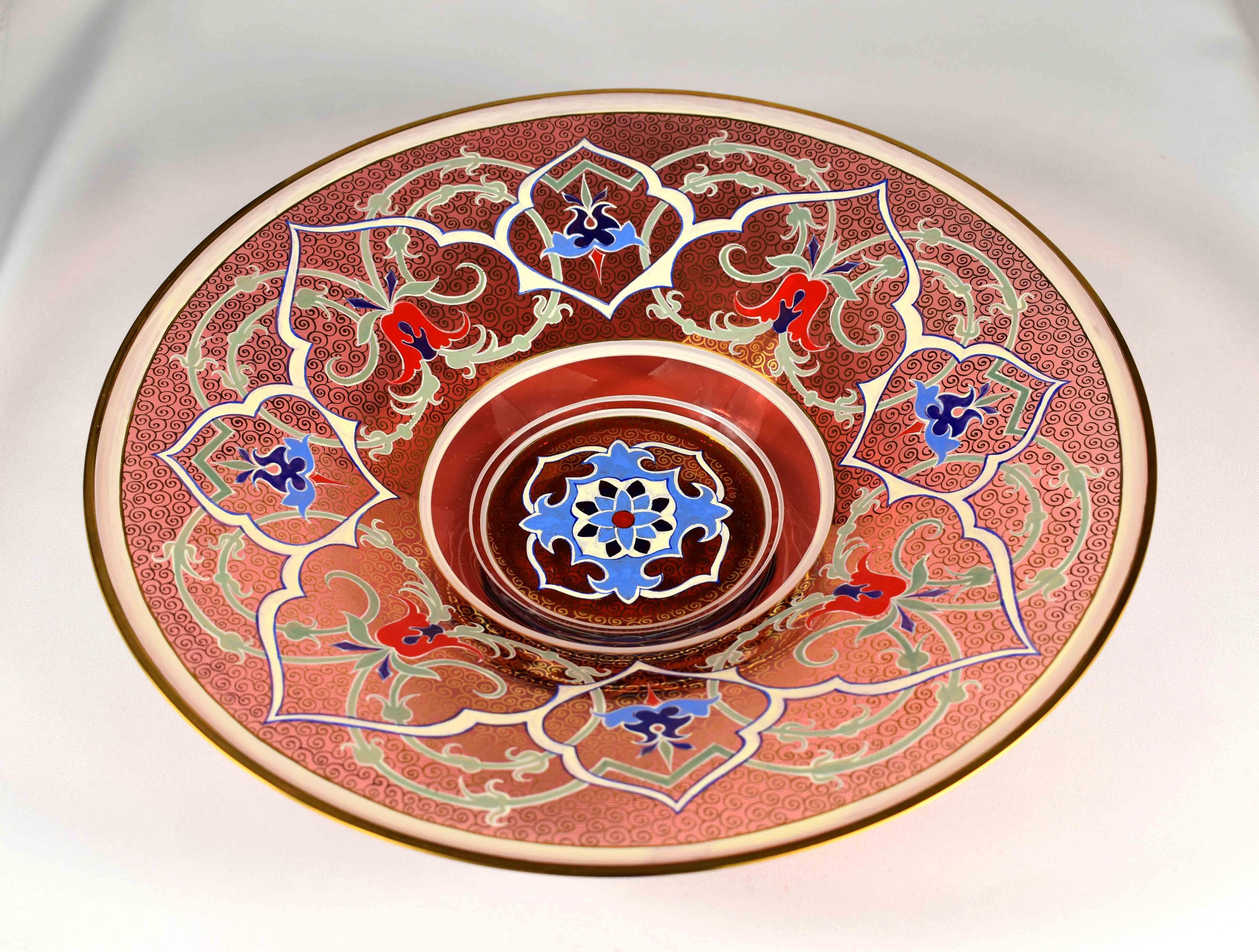 Czech Glass Ruby Painted Plate for the Persian or Ottoman Market 20th Century For Sale