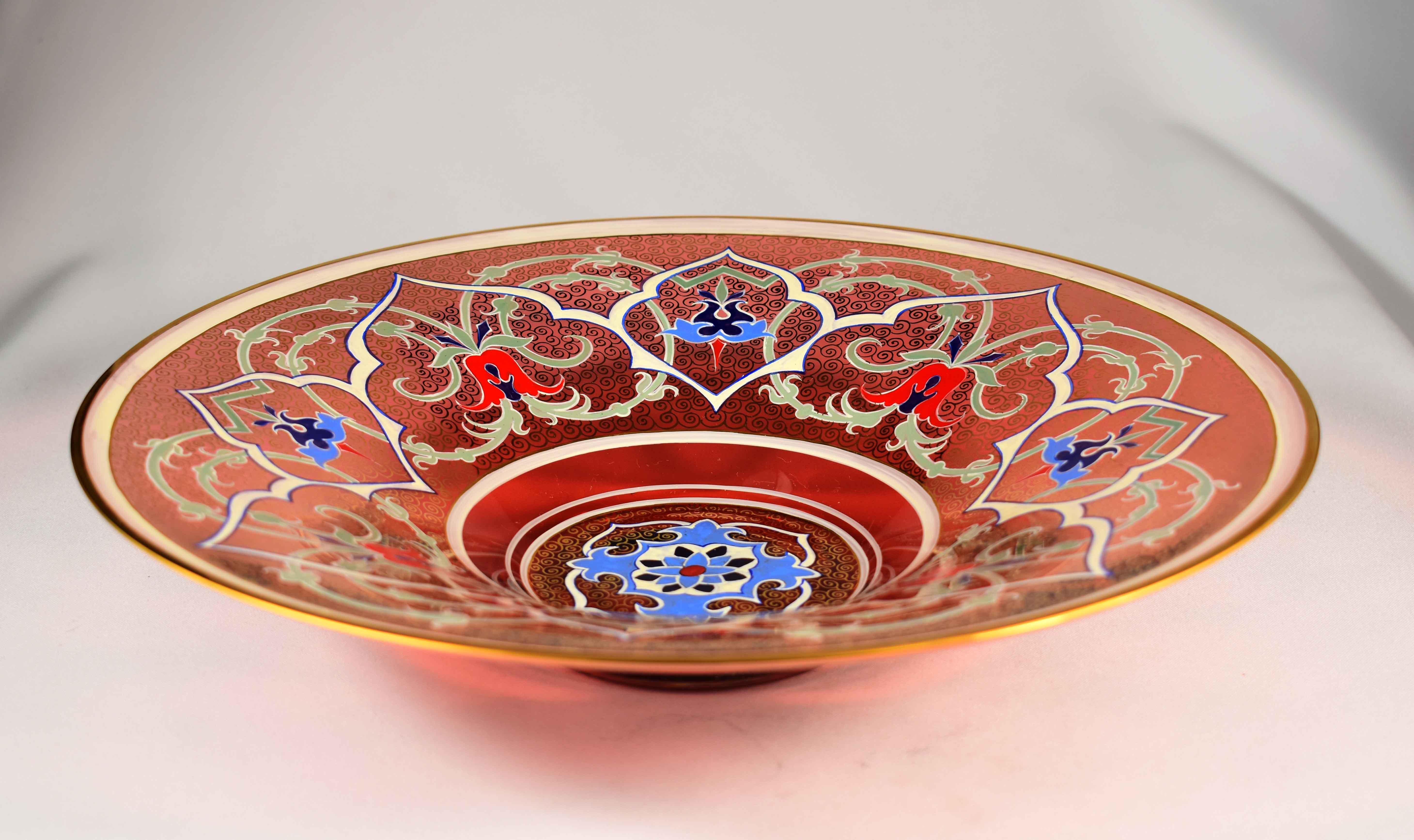 Hand-Crafted Glass Ruby Painted Plate for the Persian or Ottoman Market 20th Century For Sale