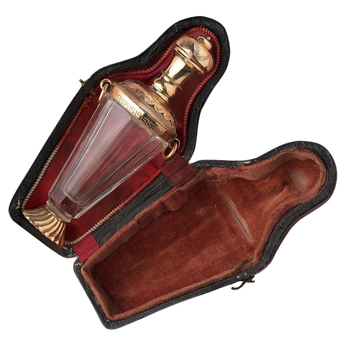 Glass Scent Bottle with Gold Mounting For Sale
