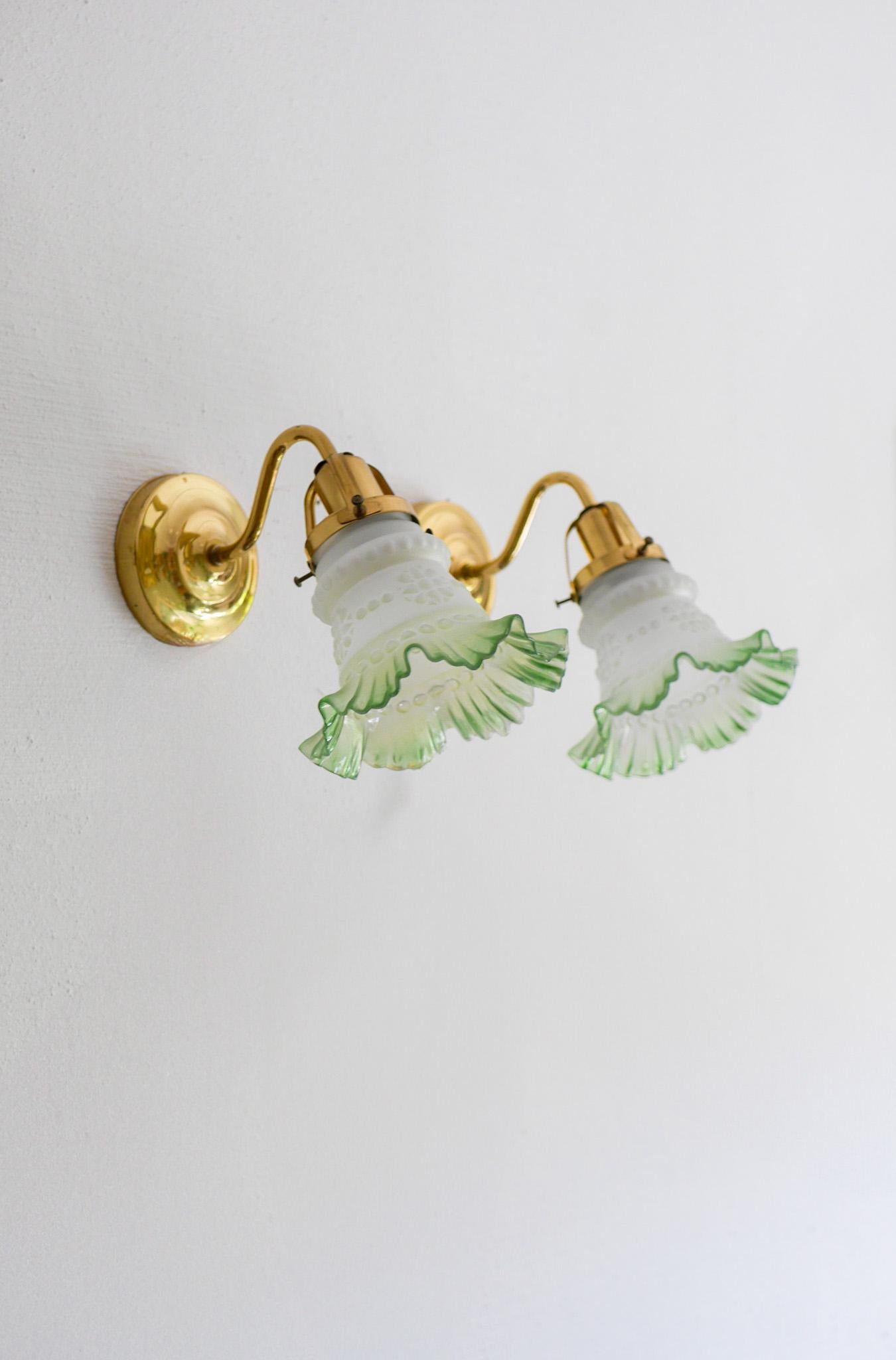 Fin du 20e siècle Glass sconces, Danish modern classic Scandinavian glass and brass wall lights. en vente