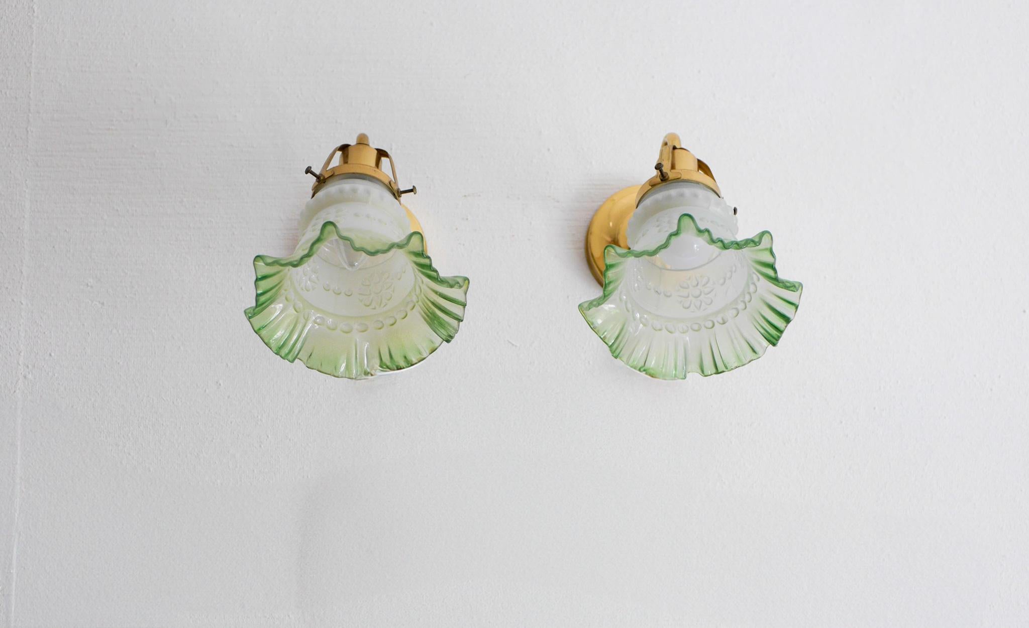 Glass sconces, Danish modern classic Scandinavian glass and brass wall lights. en vente 1