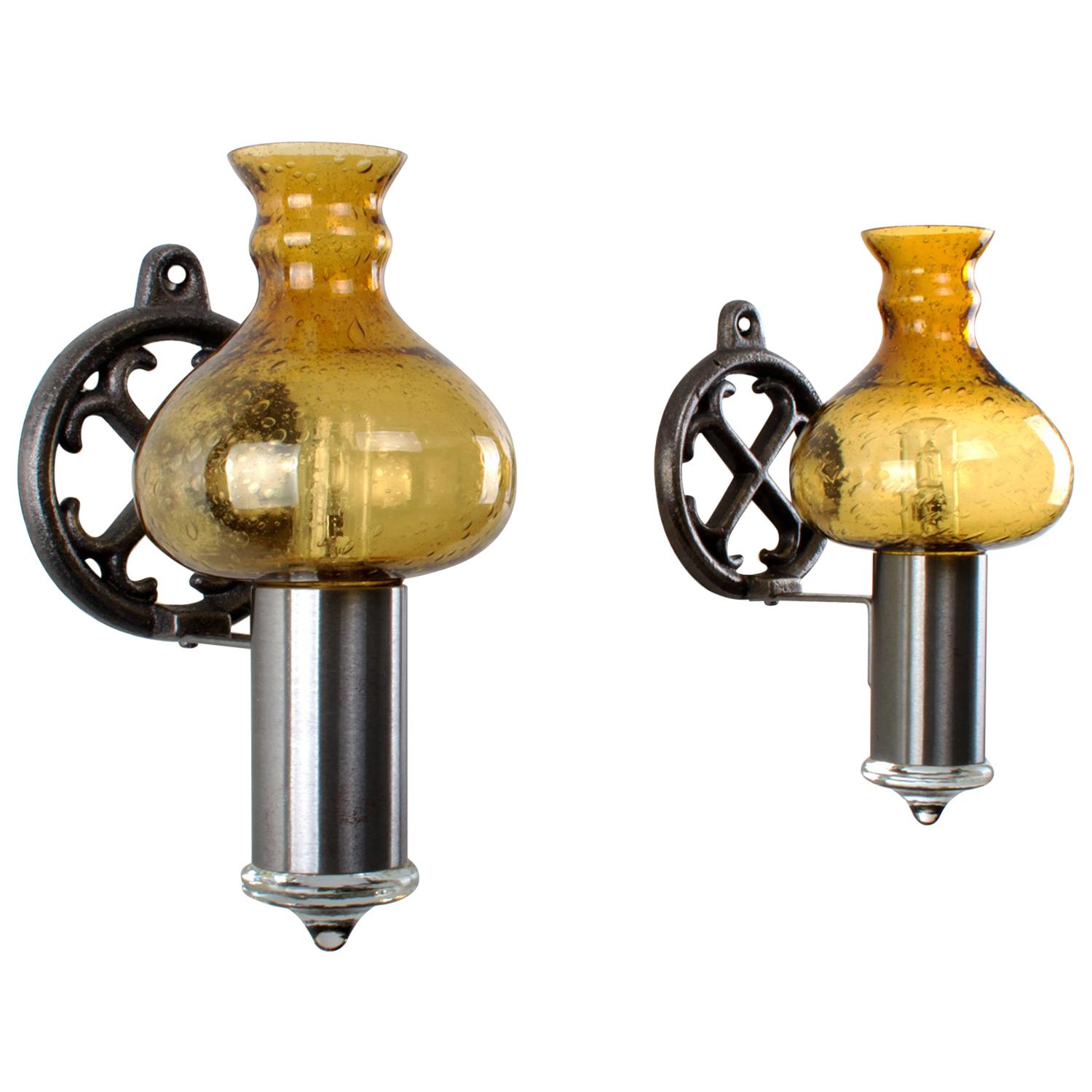 Glass Sconces 'Pair' Wall Lamps by Unknown Swedish Producer, 1970s