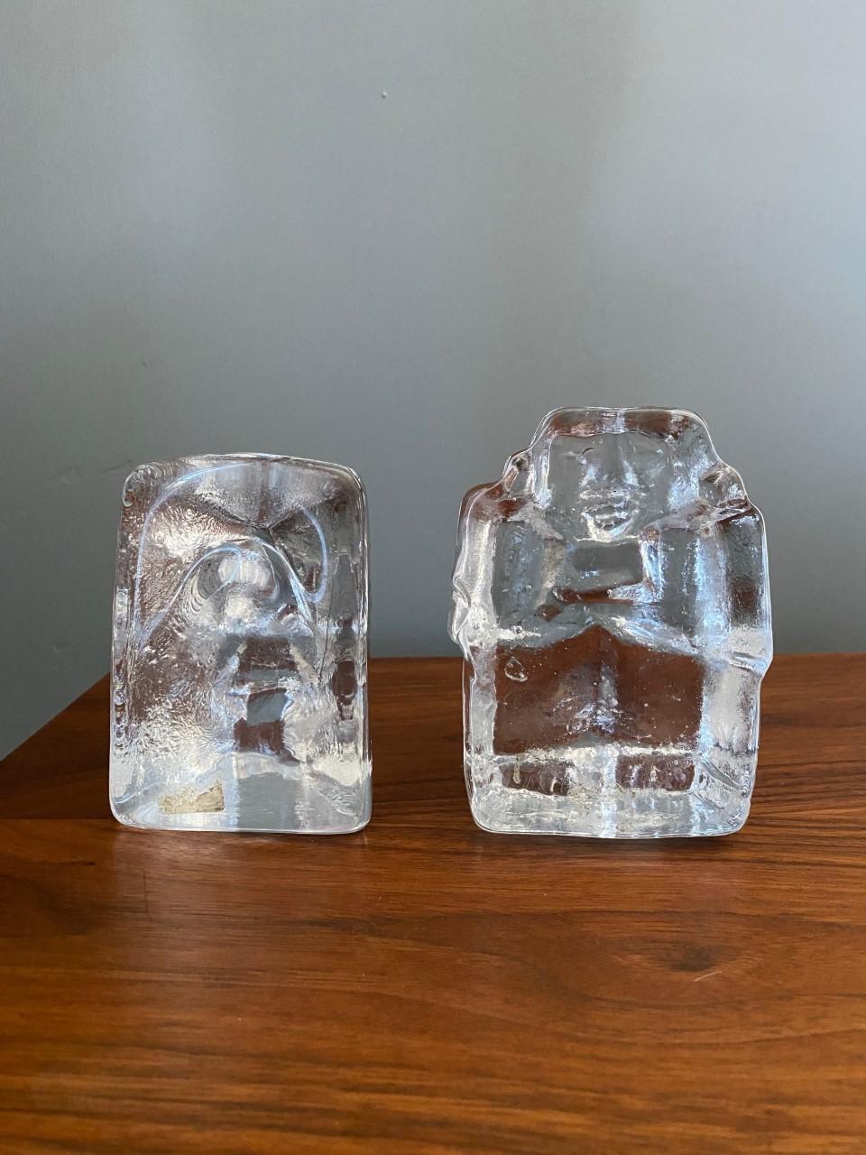 Glass Sculptural Bookends Boda Sweden Ice Man & Glass Head by Erik Hoglund 3