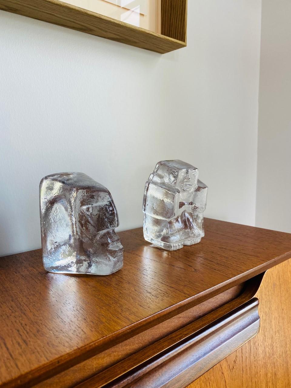 Hand-Carved Glass Sculptural Bookends Boda Sweden Ice Man & Glass Head by Erik Hoglund