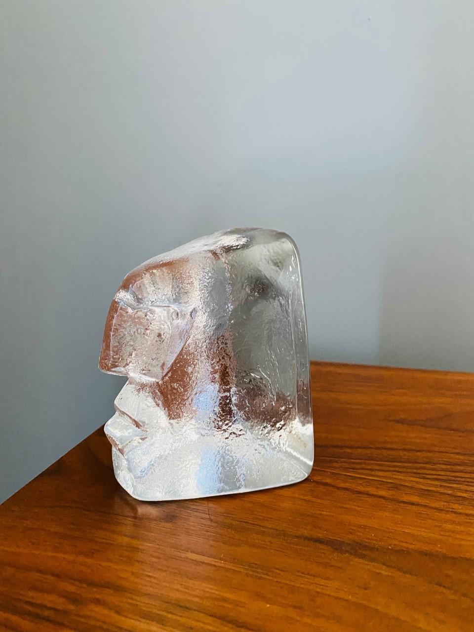 Glass Sculptural Bookends Boda Sweden Ice Man & Glass Head by Erik Hoglund 1