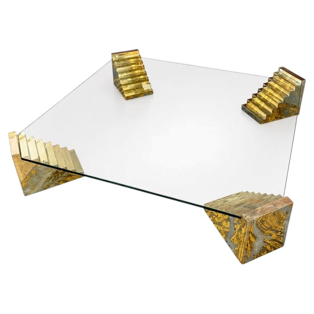 Glass Sculptural Coffee Table with Stepped Pedestal Bases