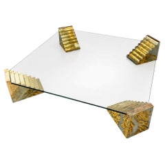 Glass Sculptural Coffee Table with Stepped Pedestal Bases