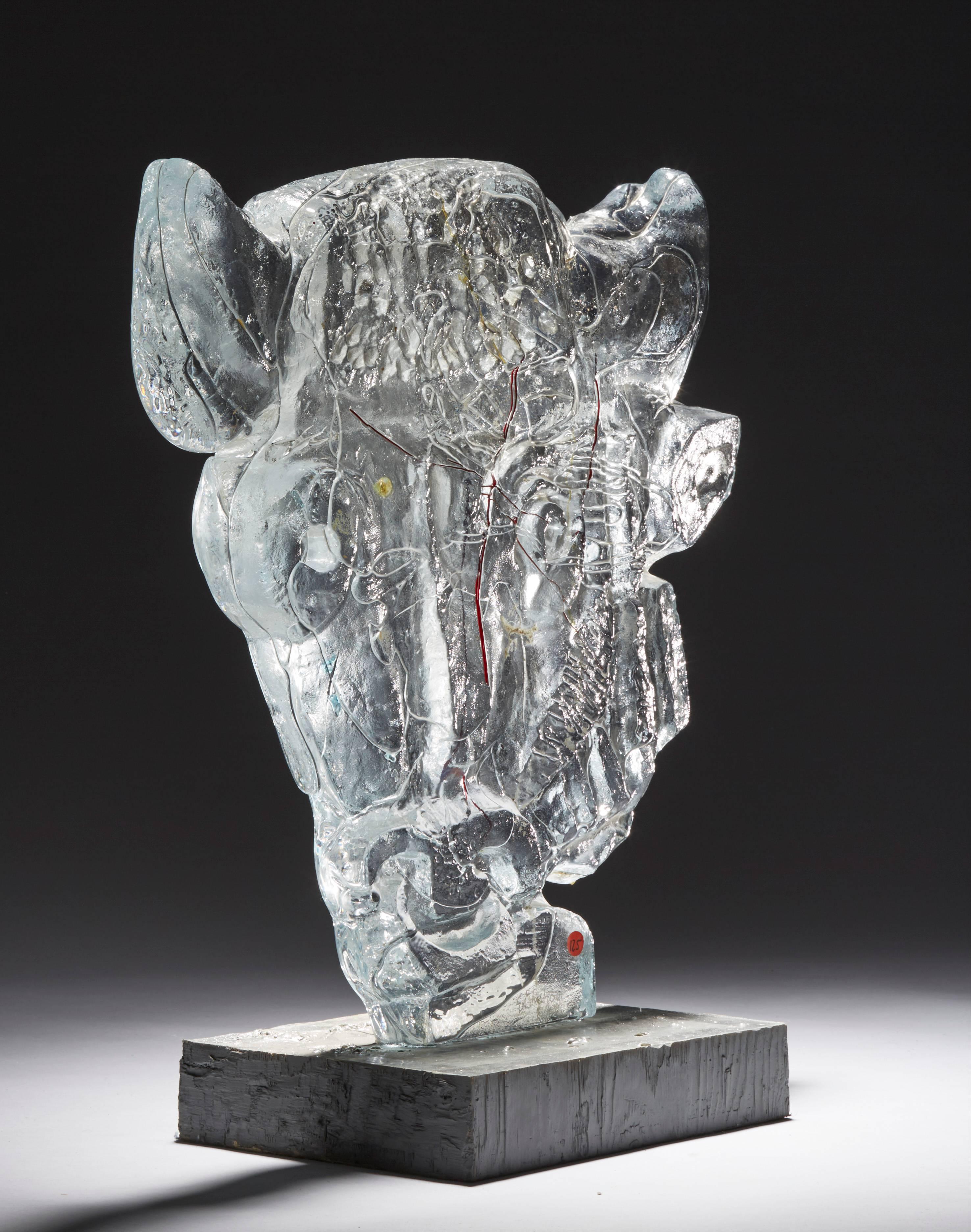 Large glass sculpture “Bull head”, design by Edvin Öhrström for Lindshammar Glasswork, 1960s.
Signed E Öhrström. The sculpture has belonged to Edvin Öhrström’s private collection.
Measures: H: 73cm/28,7? including base, With 29cm/11.4