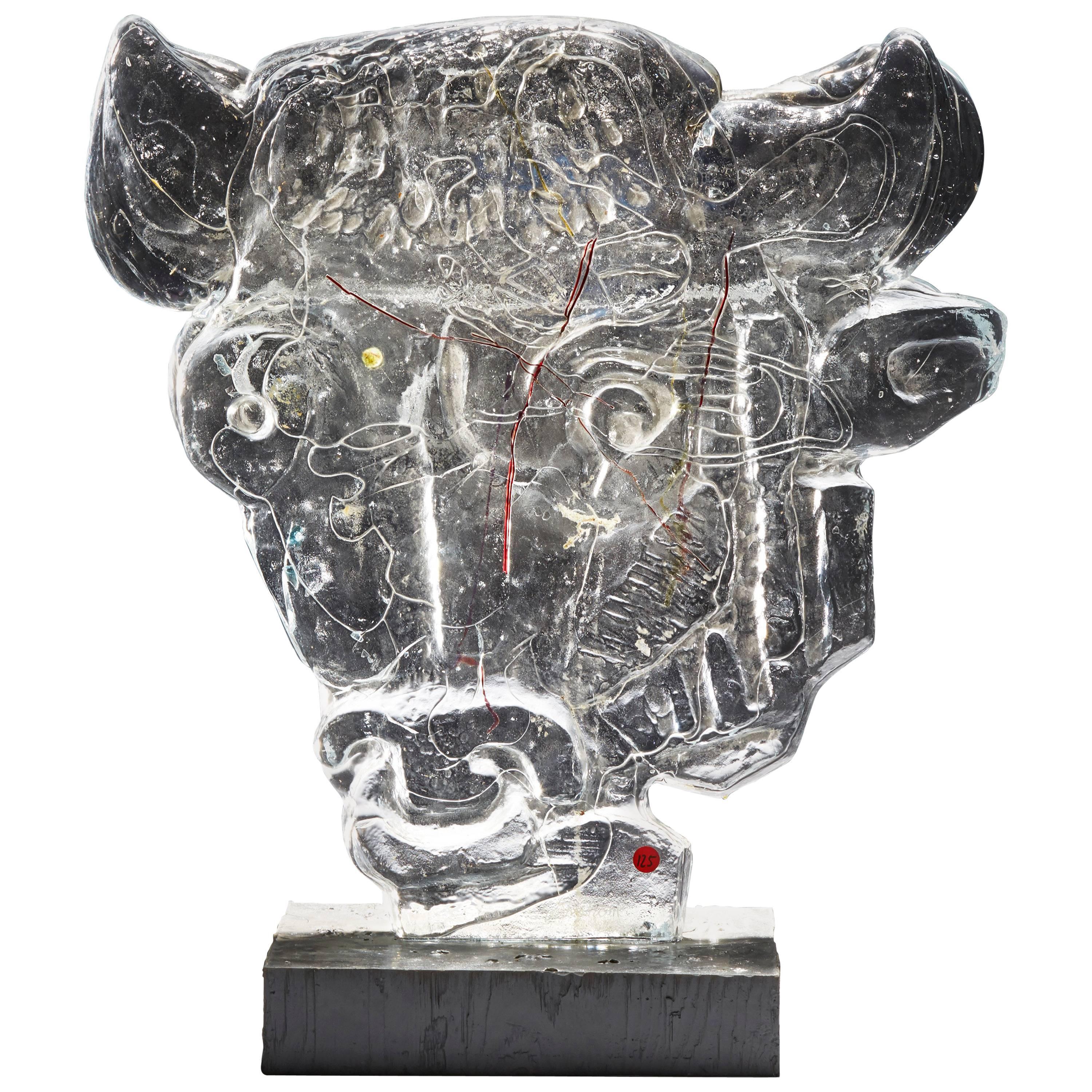 Glass Sculpture ”Bull Head” by Edvin Öhrström for Lindshammar Glasswork, 1960s For Sale
