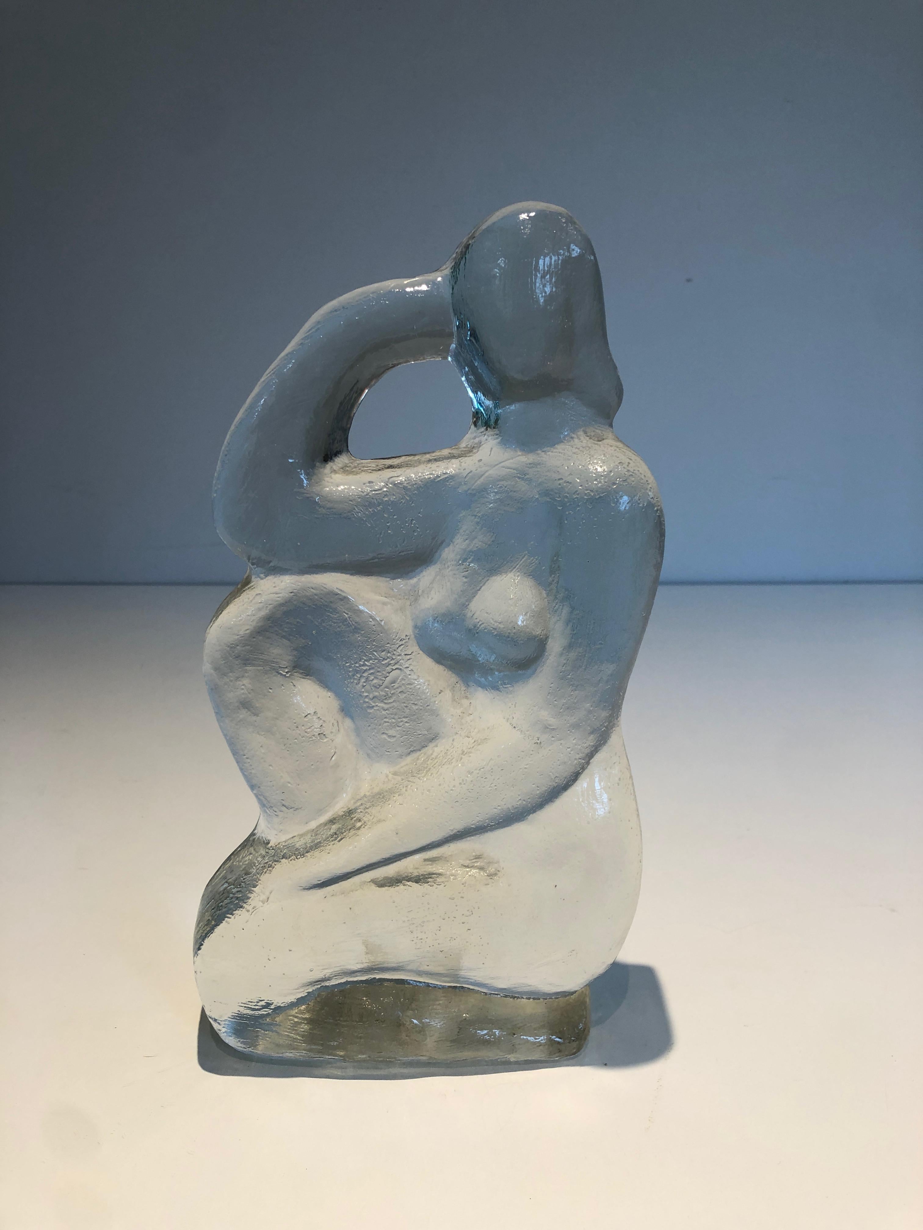 Glass sculpture representing a naked woman posing  in the French Art Deco Style For Sale 13