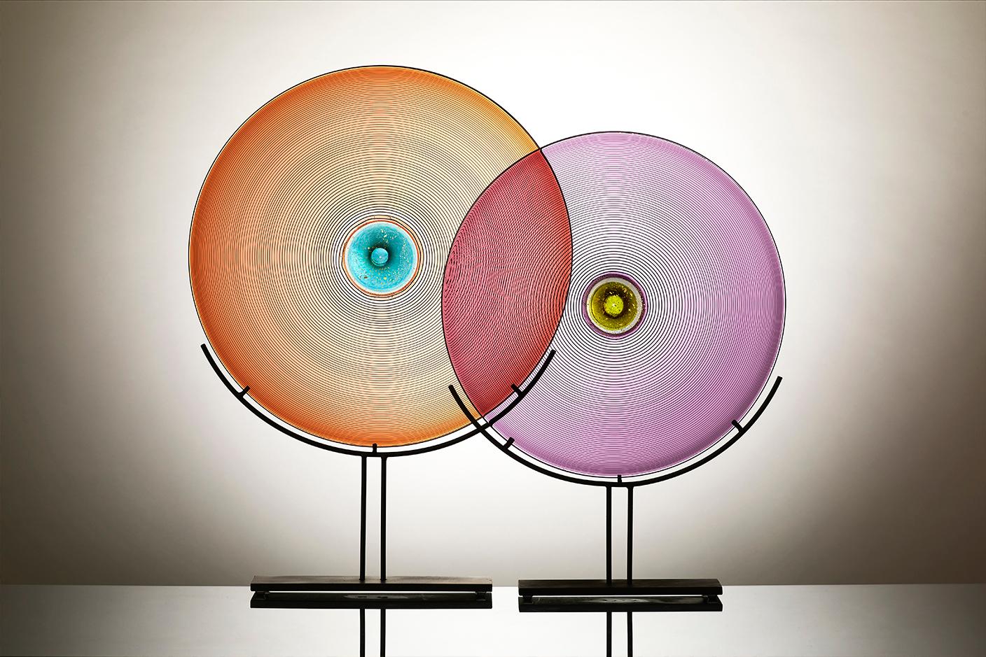 Modern Blown Glass Sculpture, Apricot Disc with Aqua and Gold, by Vetro Vero - In Stock