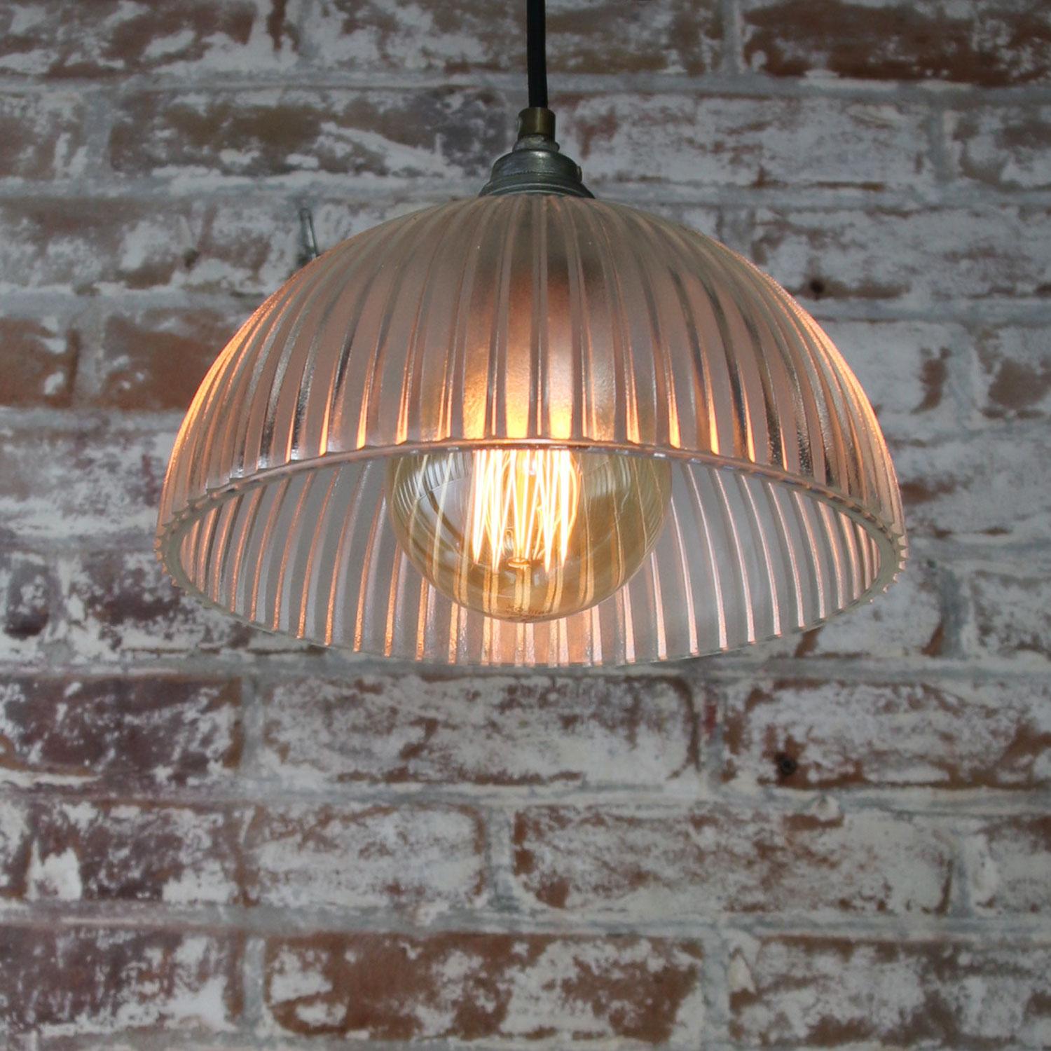 Glass Shade Industrial Holophane Glass Hanging Lights In Excellent Condition In Amsterdam, NL