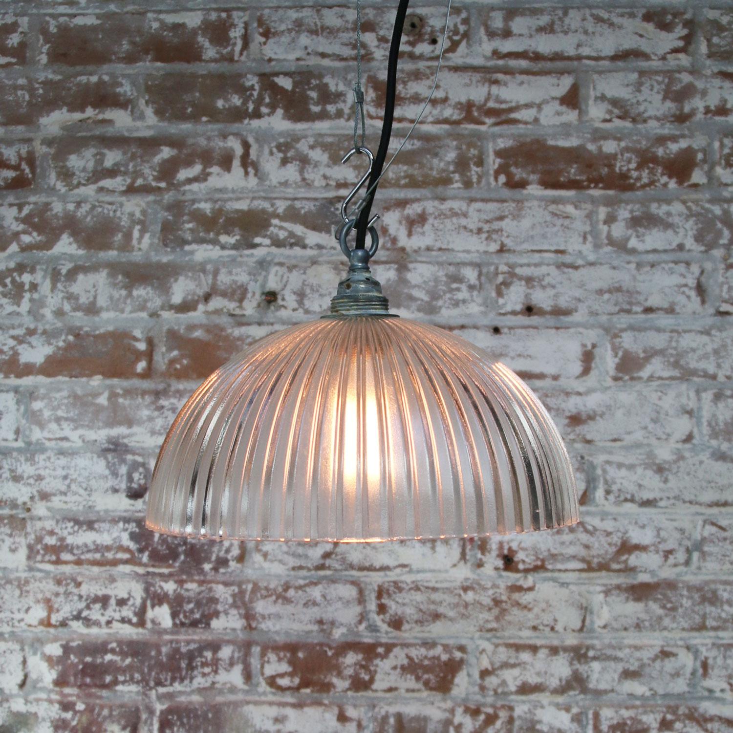 20th Century Glass Shade Industrial Holophane Glass Hanging Lights For Sale