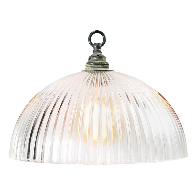 Vintage Industrial Holophane Shaded Pendant Lamp Hanging Light w/ Ribbed Glass