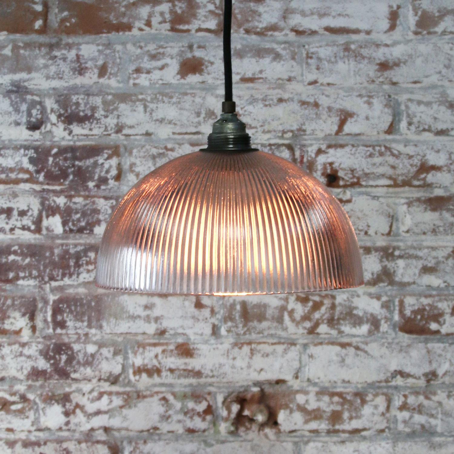 Glass Shade Industrial Holophane Glass Pendant Light In Good Condition In Amsterdam, NL