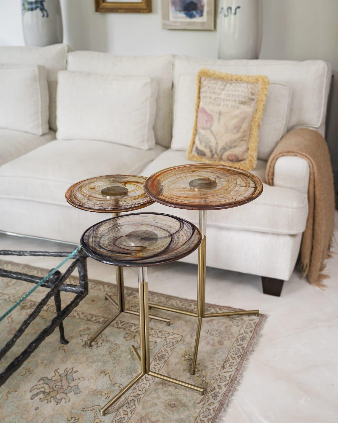 Modern Glass Side Table, Titanium Plated Metal Base For Sale