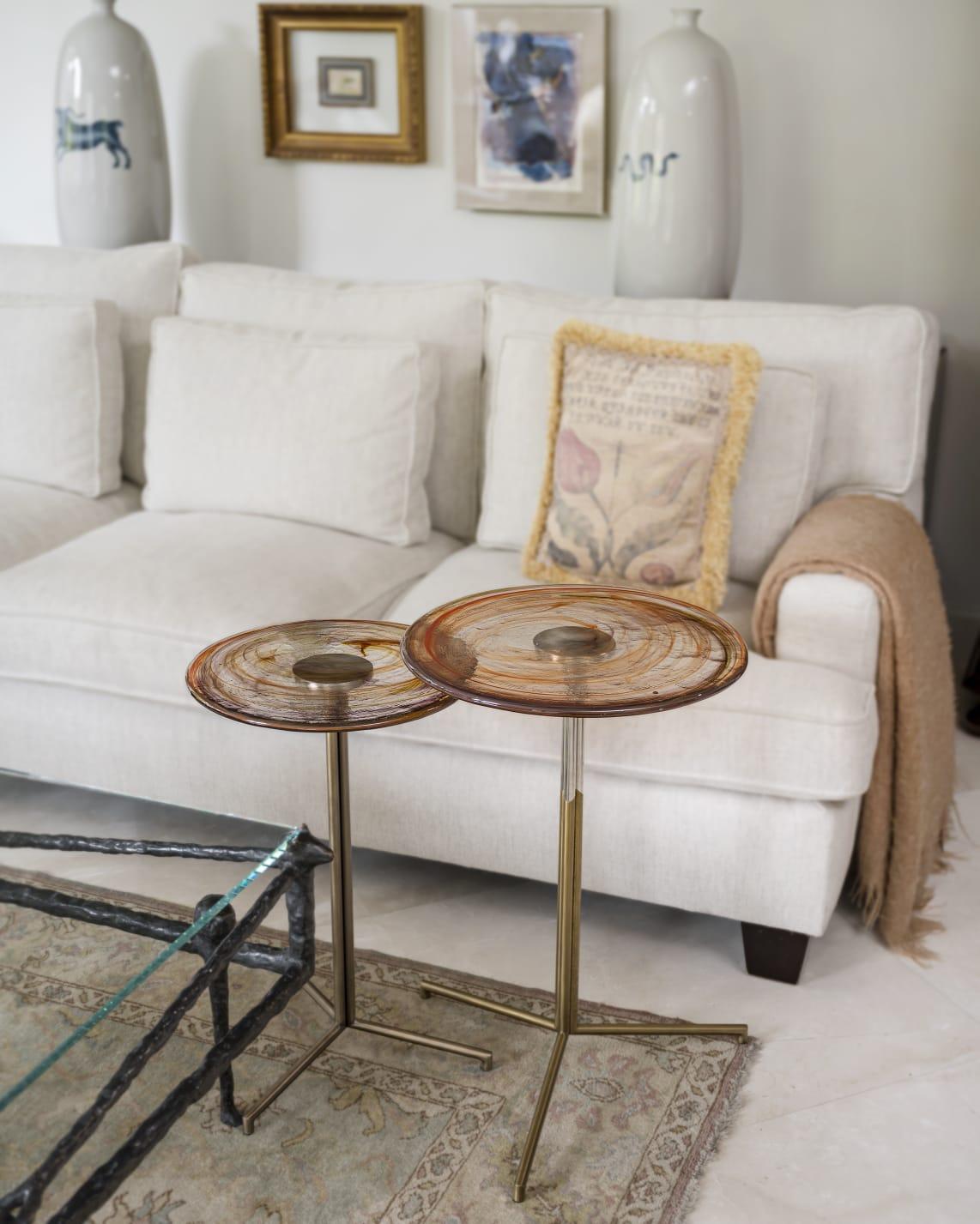 European Glass Side Table, Titanium Plated Metal Base For Sale