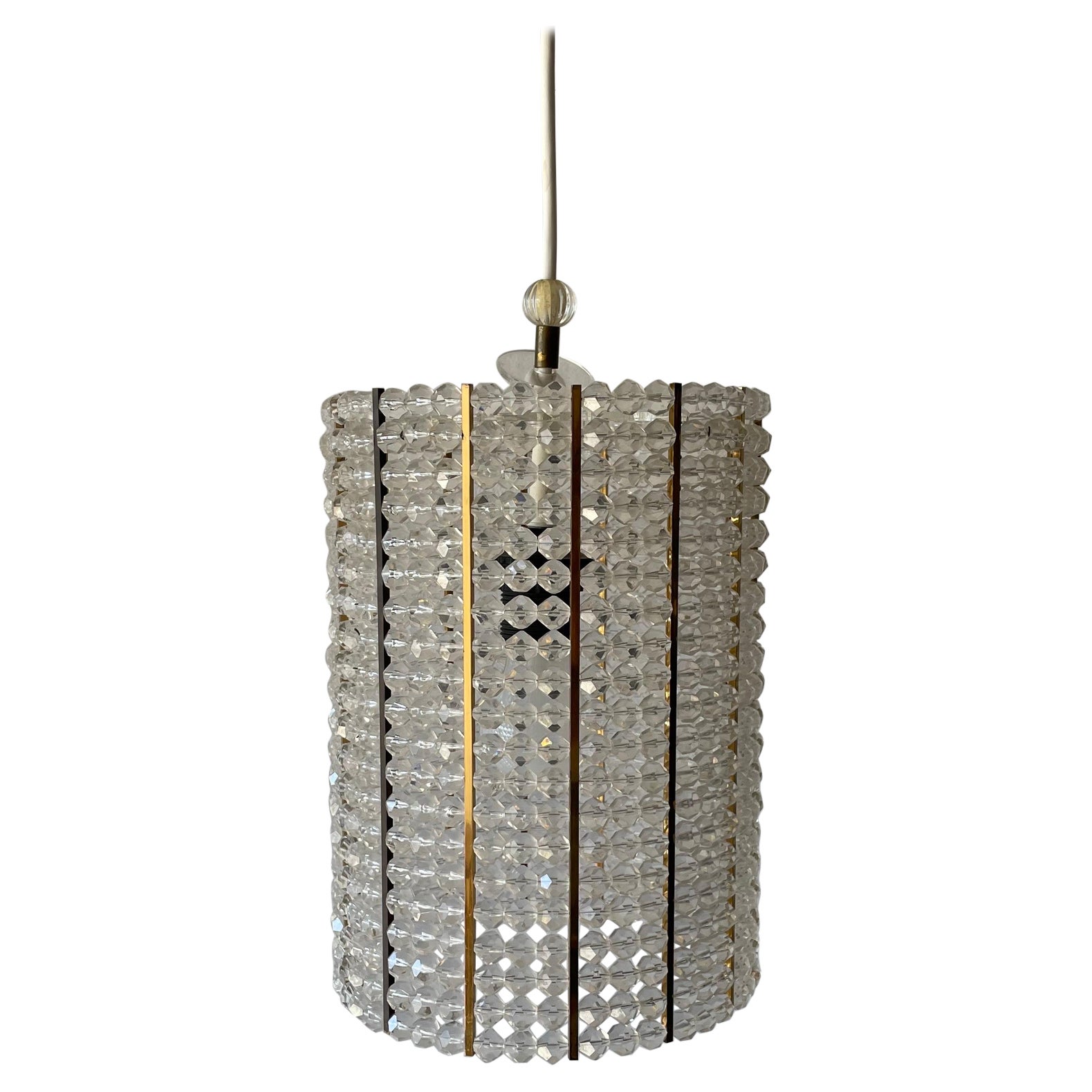 Lampe à suspension de luxe en verre et pierres en forme de cylindre par Palwa, années 1960, Allemagne en vente
