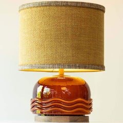 Glass Table Lamp Camel Brown With Walnut Base, New Silk Lampshade by R. Houben
