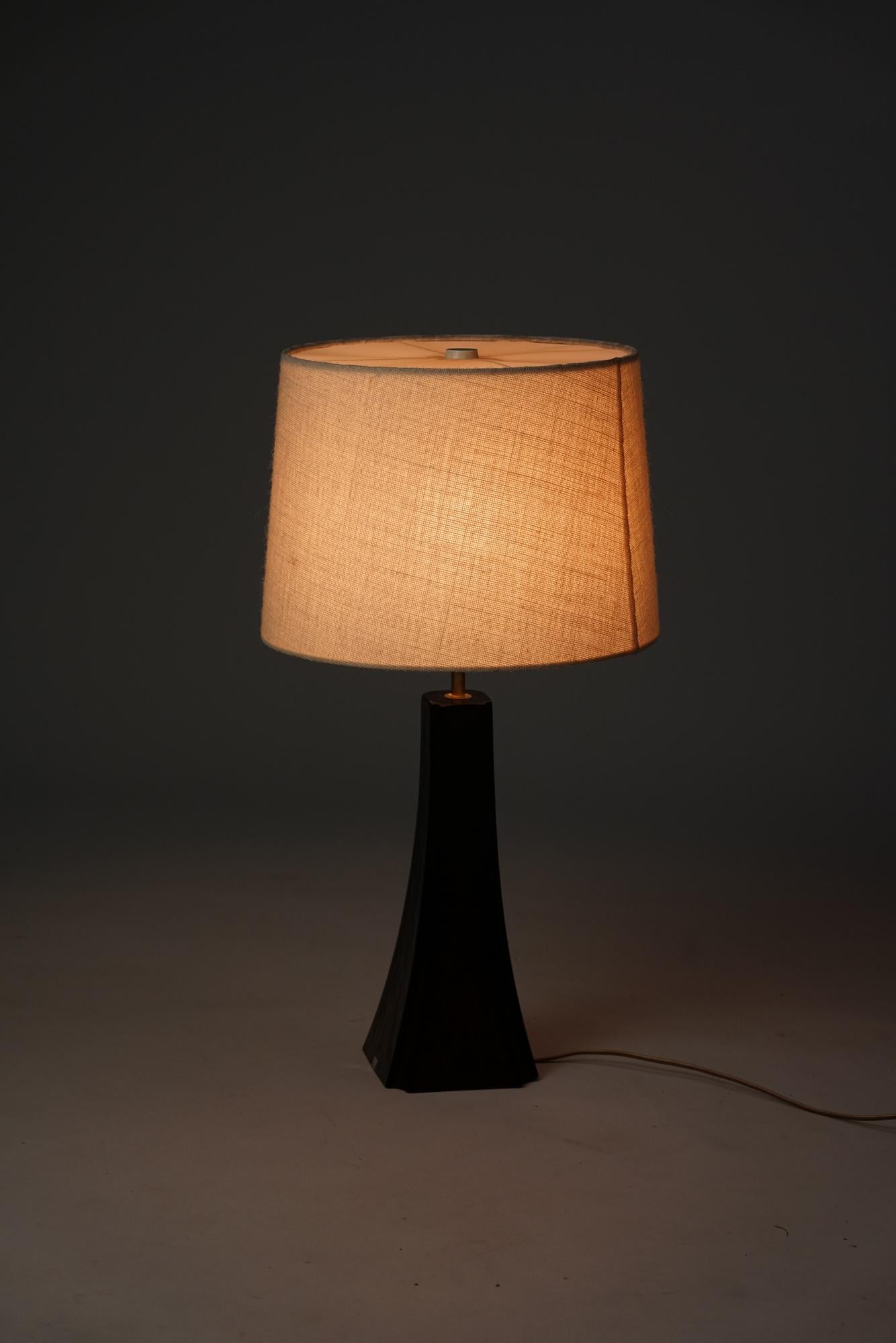 Table Lamp, designed by Heikki Turunen, manufactured by Arabia, Mid-20th Century. Glass frame, brass details, fabric lampshades. Good vintage condition, minor patina consistent with age and use. Marked.

Heikki Juhani Turunen is a Finnish designer
