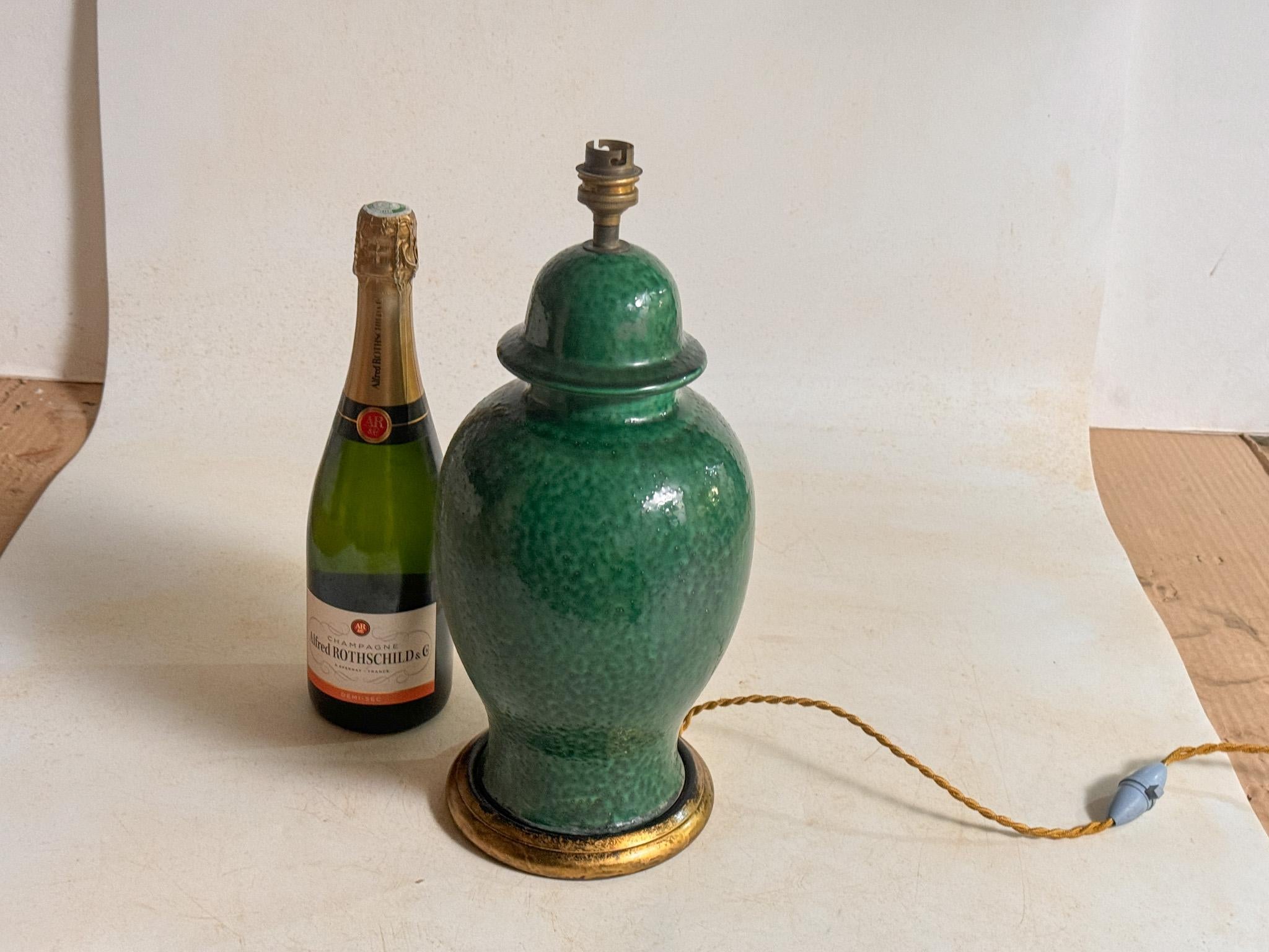 Italian Glass Table Lamp, with a Wood Base Green Color Italy 1970