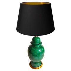 Vintage Glass Table Lamp, with a Wood Base Green Color Italy 1970