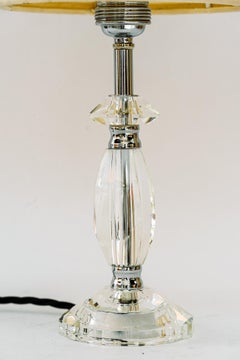 Glass table lamp with chrome parts and fabric shade vienna around 1960s