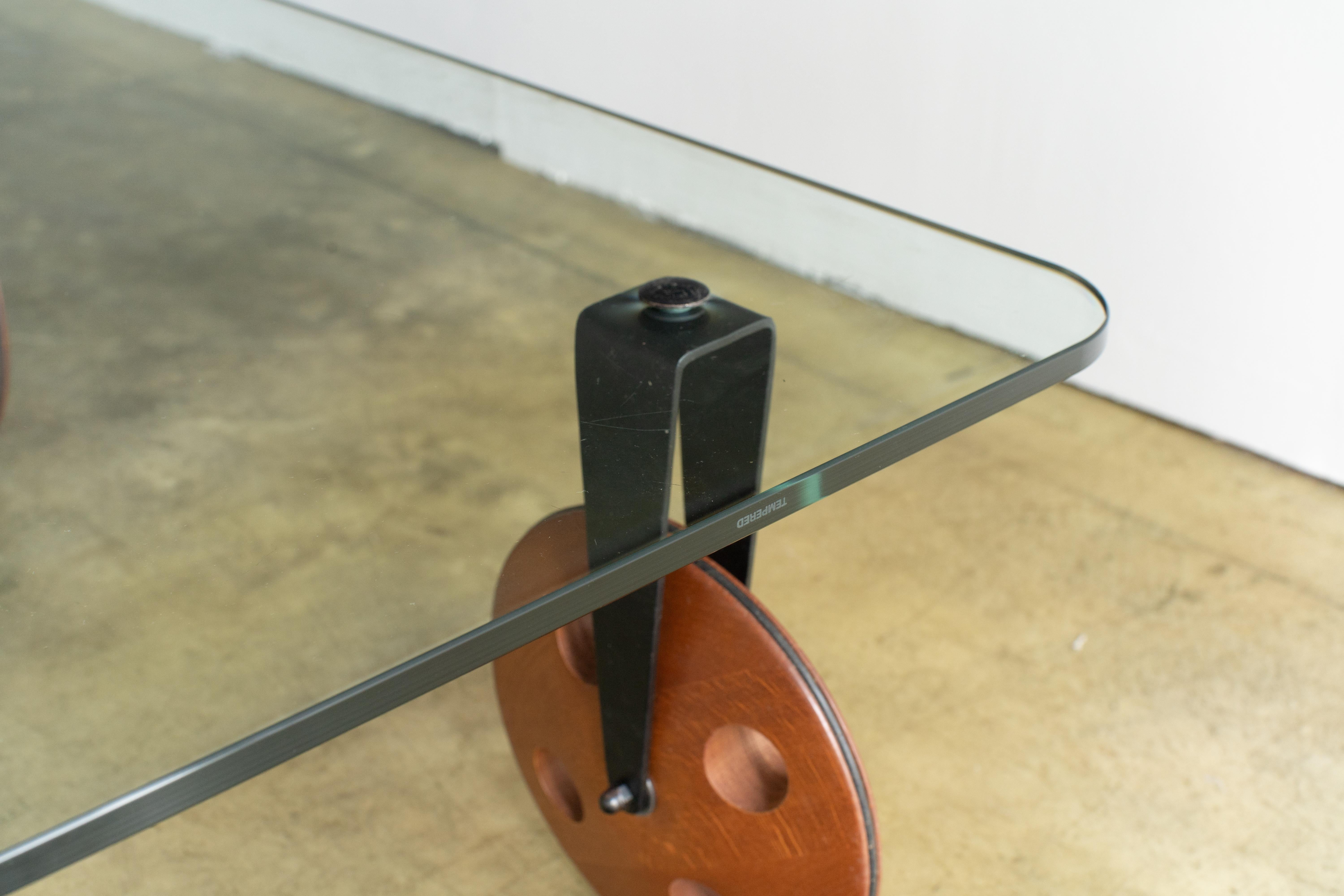 Glass Table with Wood Wheels Gae Aulenti Style In Good Condition In Shibuya-ku, Tokyo