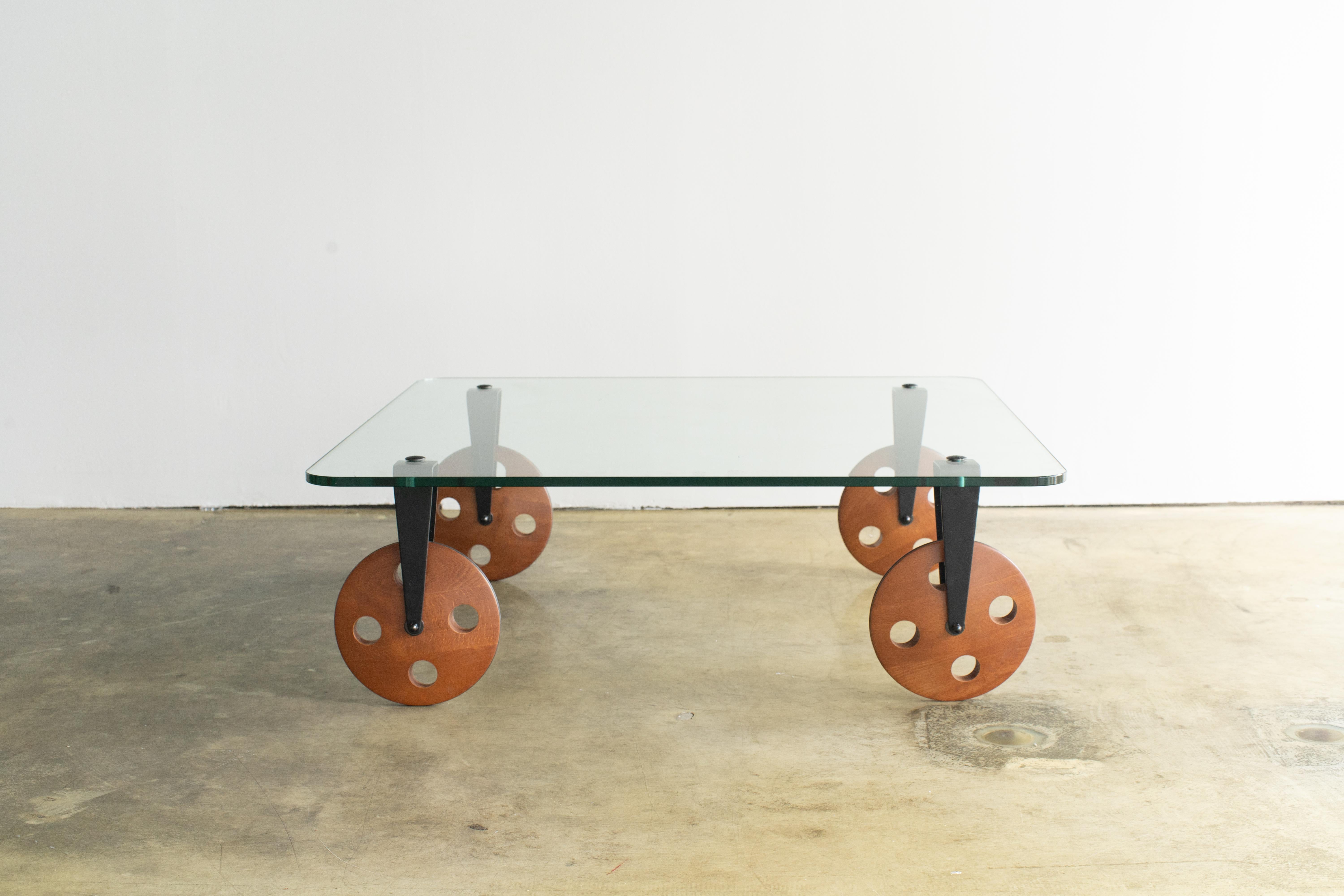 Glass Table with Wood Wheels Gae Aulenti Style 1