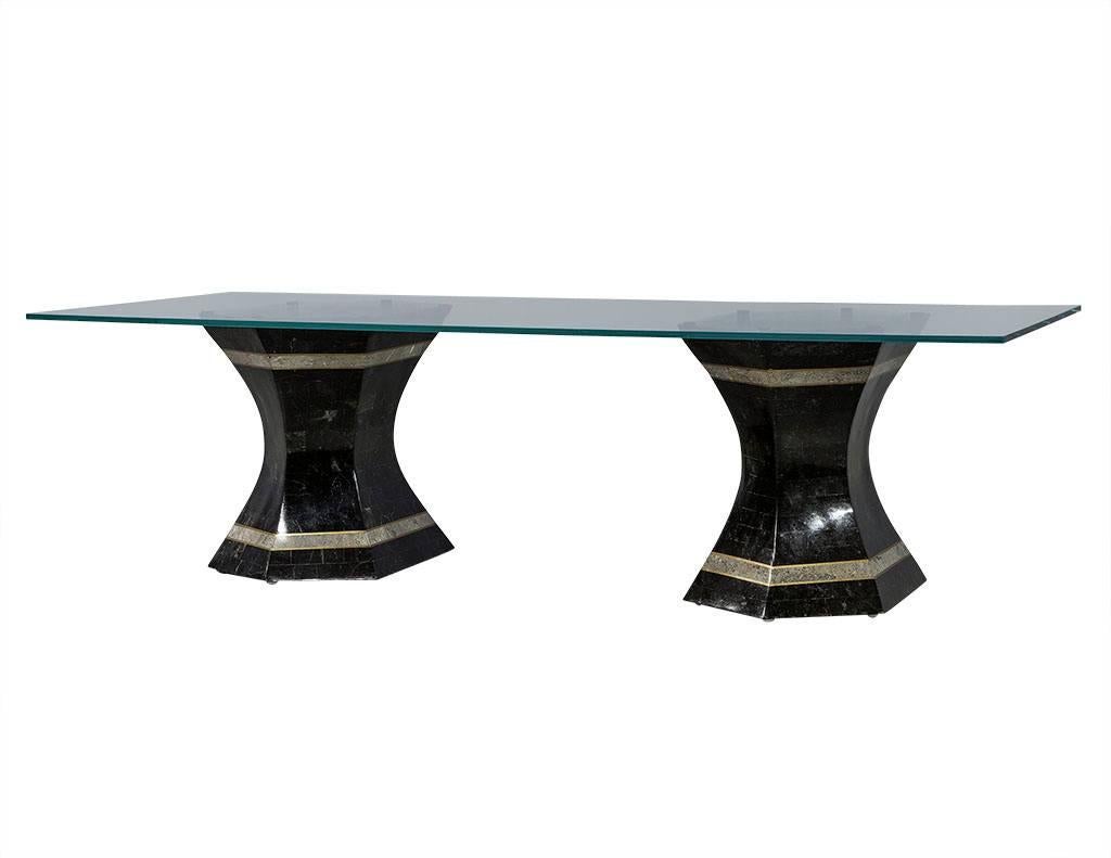 Neoclassical Glass Top & Marble Pedestal Cocktail Table
