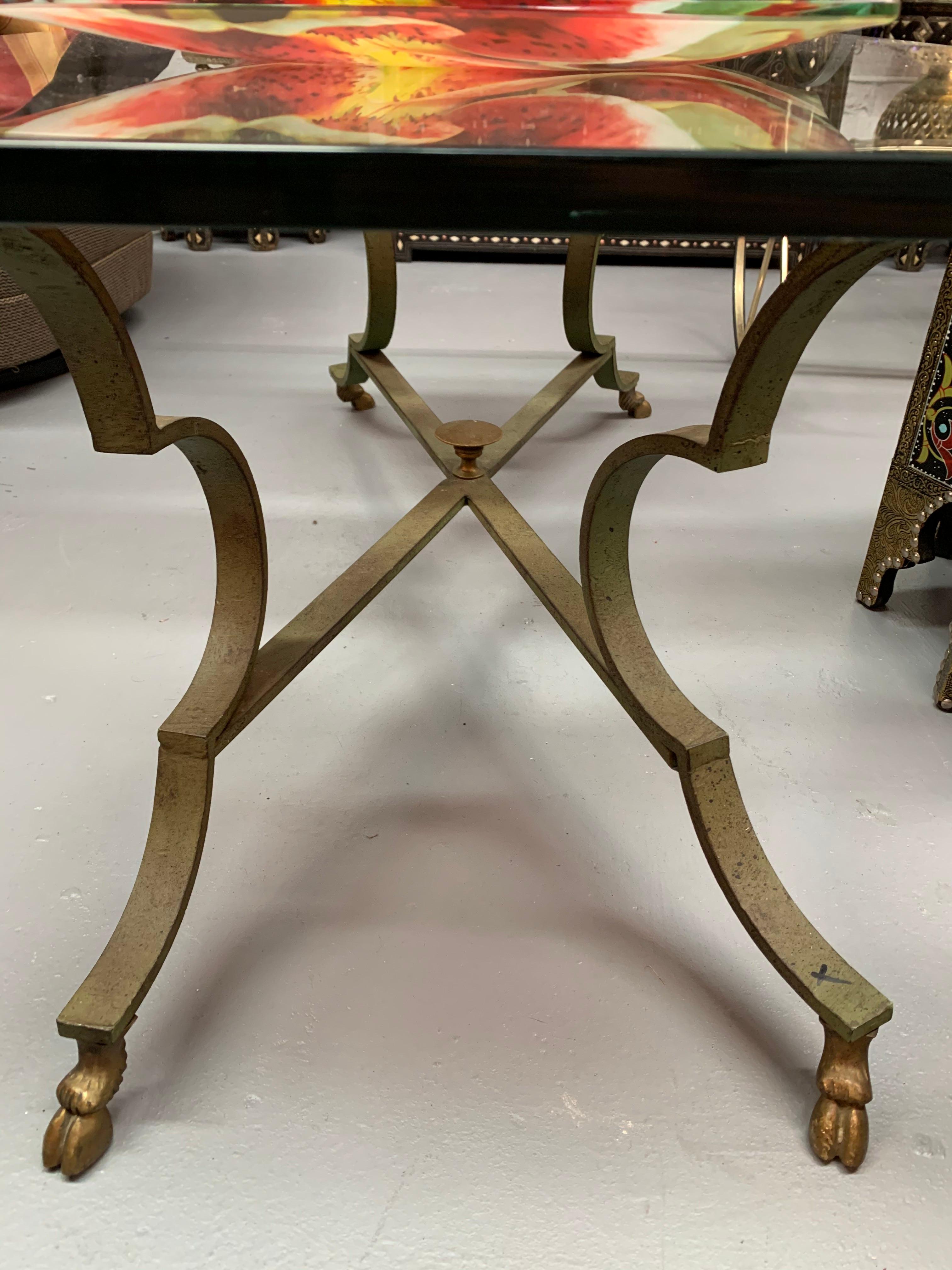 French Neoclassical Style Center or Coffee Table with Glass Top, Brass & Iron  7