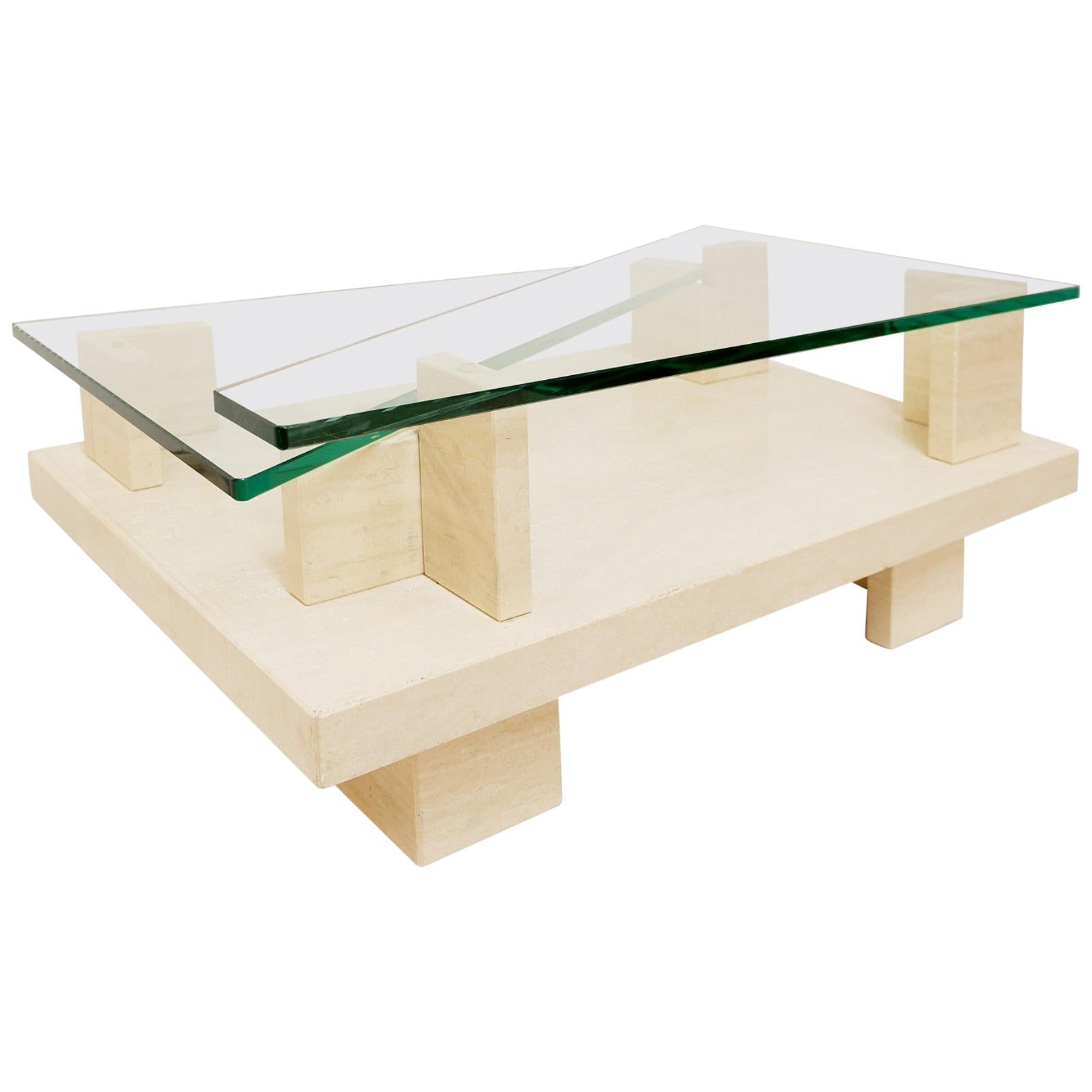 Glass Top and Travertine Graphic Coffee Table