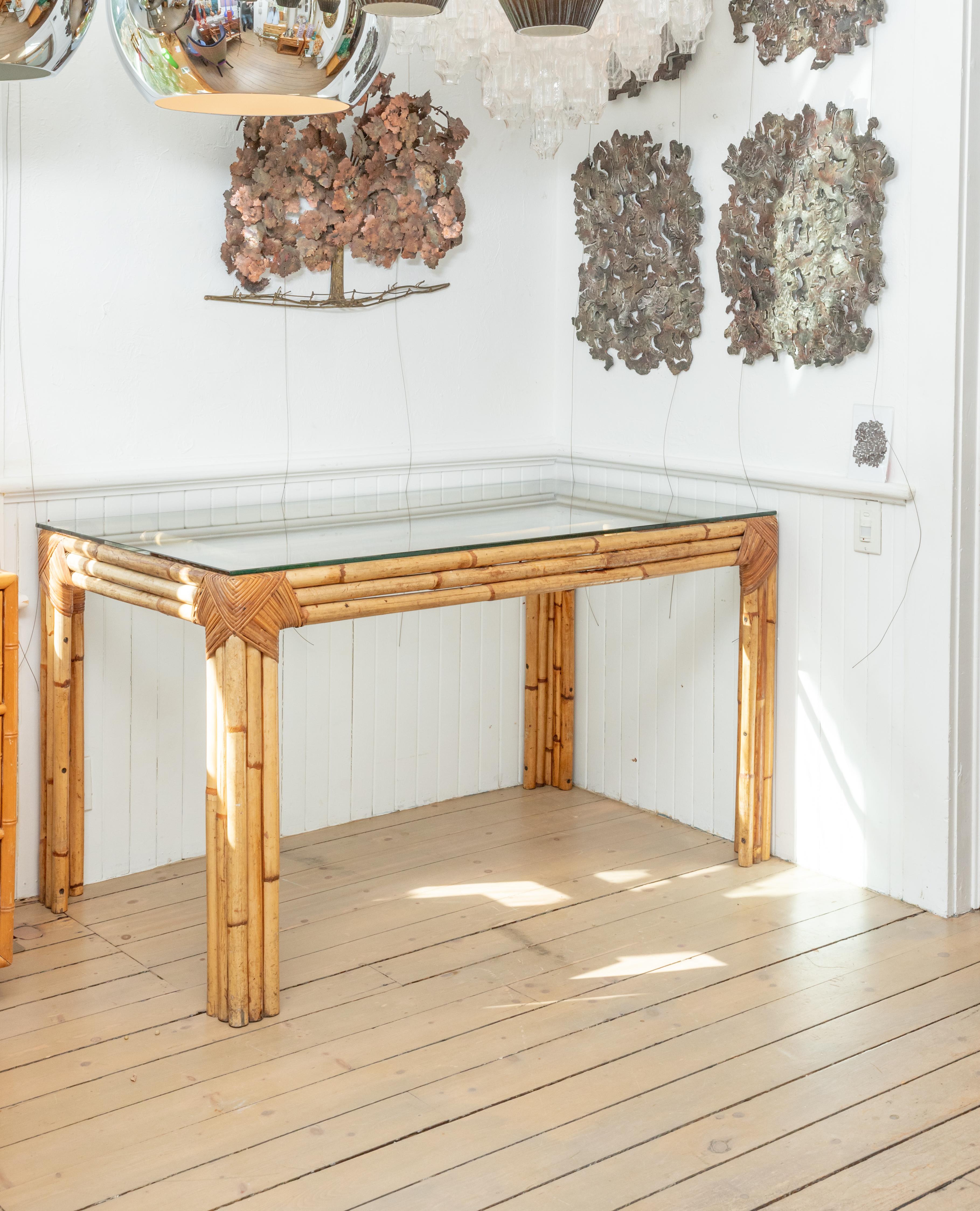 Mid-Century Modern Glass Top Bamboo Desk/Table For Sale