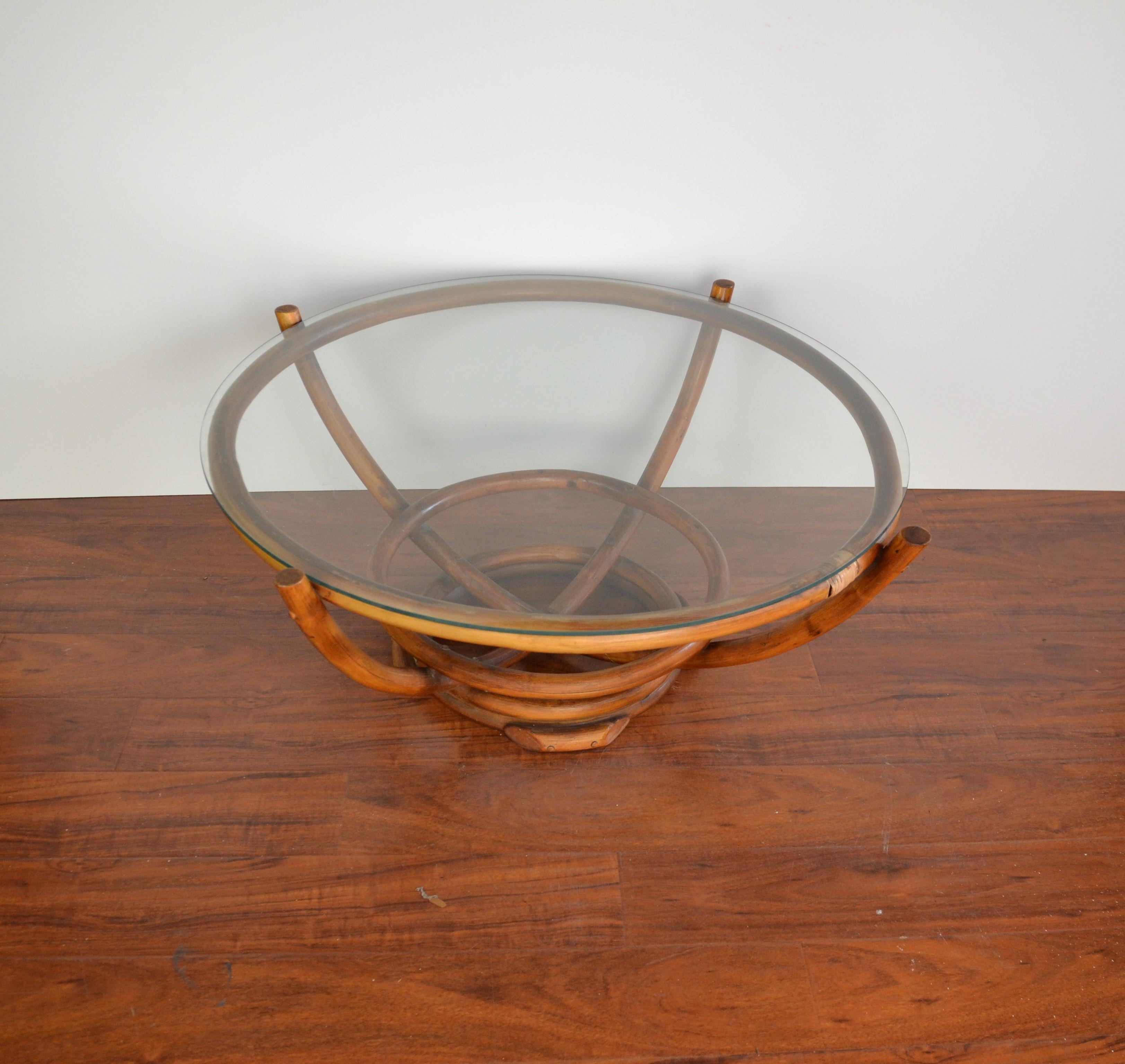 round bamboo table with glass top