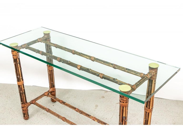 Glass Top Bound Bamboo Console Table Attributed To McGuire For Sale 1