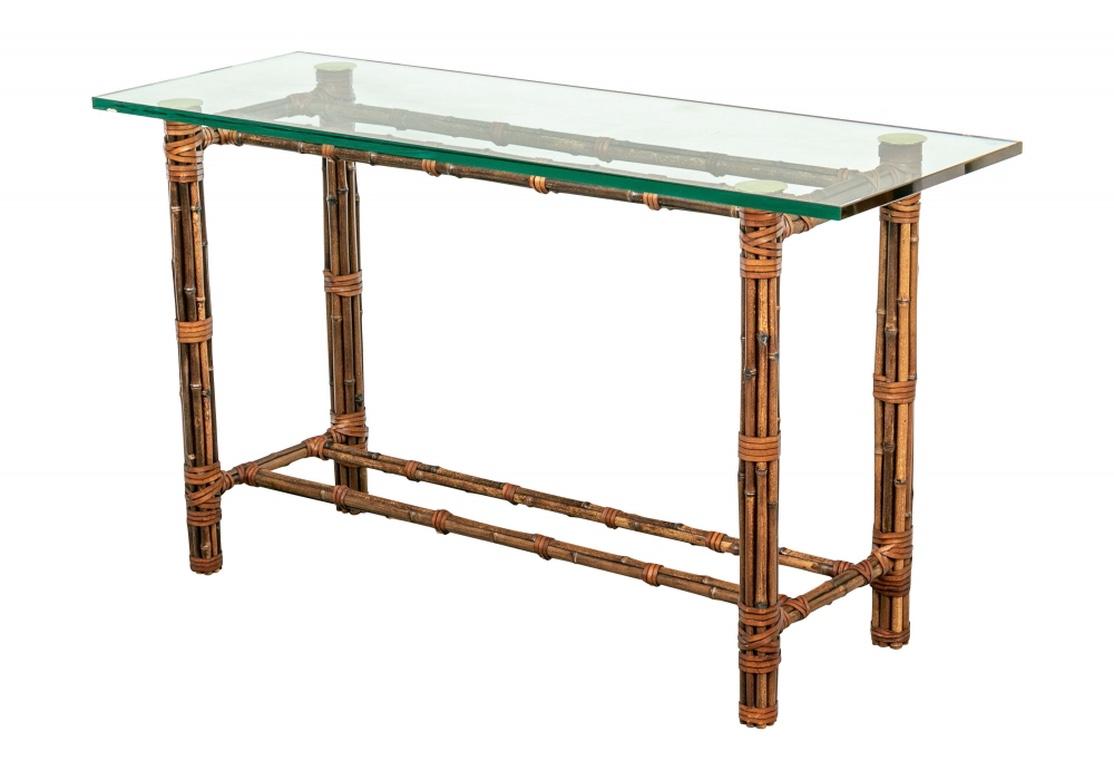 Glass Top Bound Bamboo Console Table Attributed To McGuire 3
