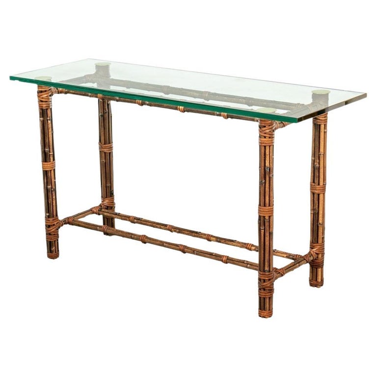 Glass Top Bound Bamboo Console Table Attributed To McGuire For Sale