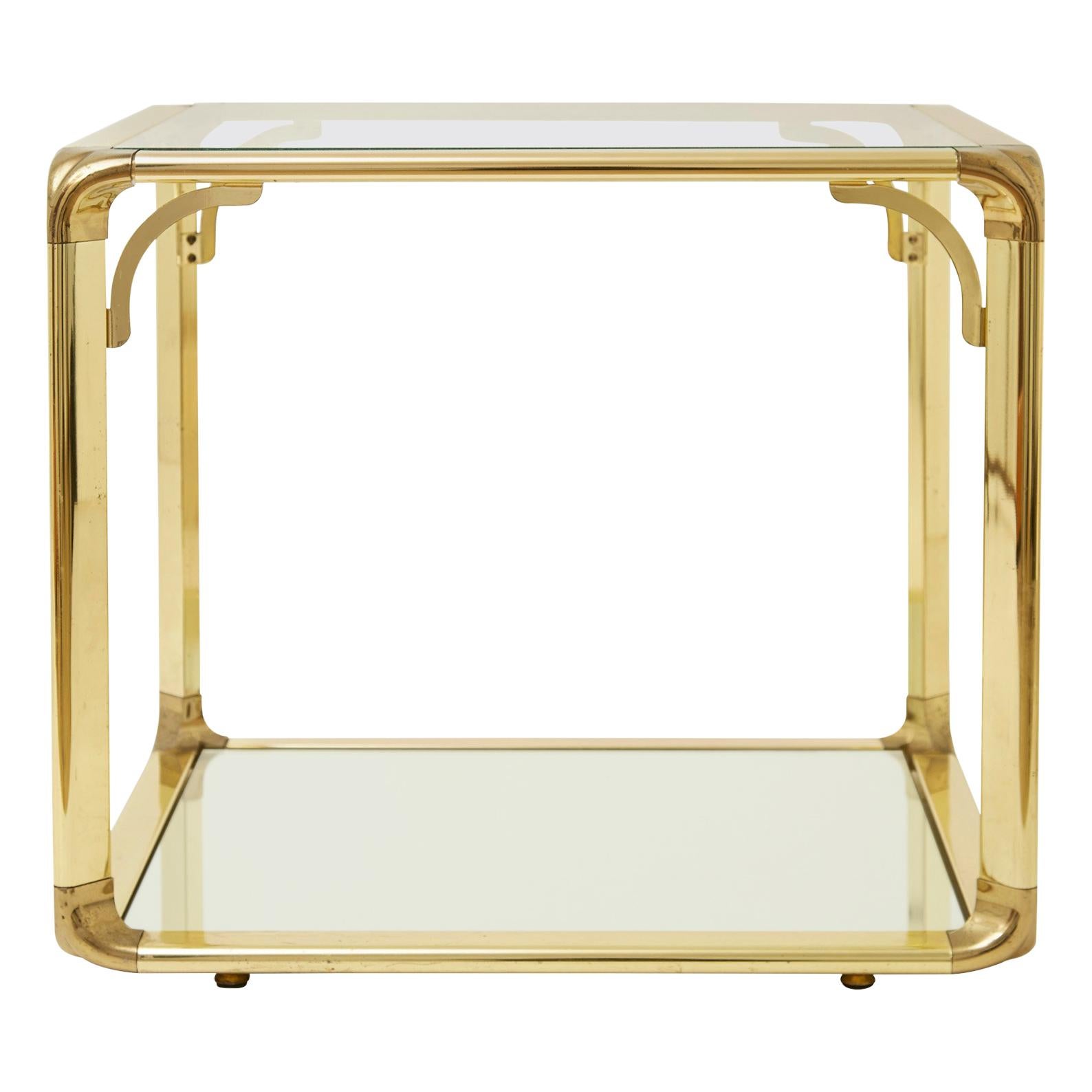 Glass Top Brass Side Table with Mirrored Shelf at 1stDibs