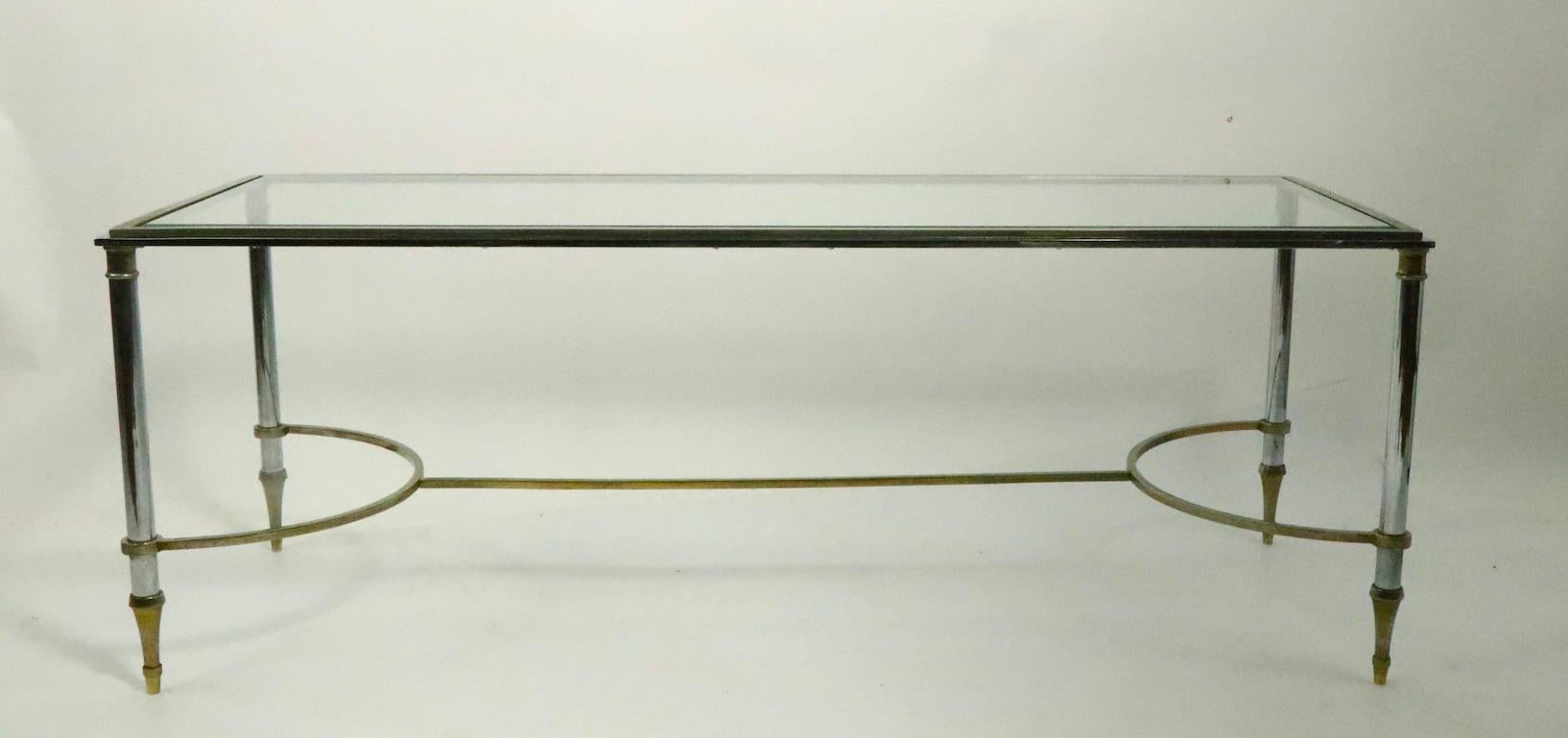 Italian Glass Top Chrome and Brass Coffee Table after Maison Jansen