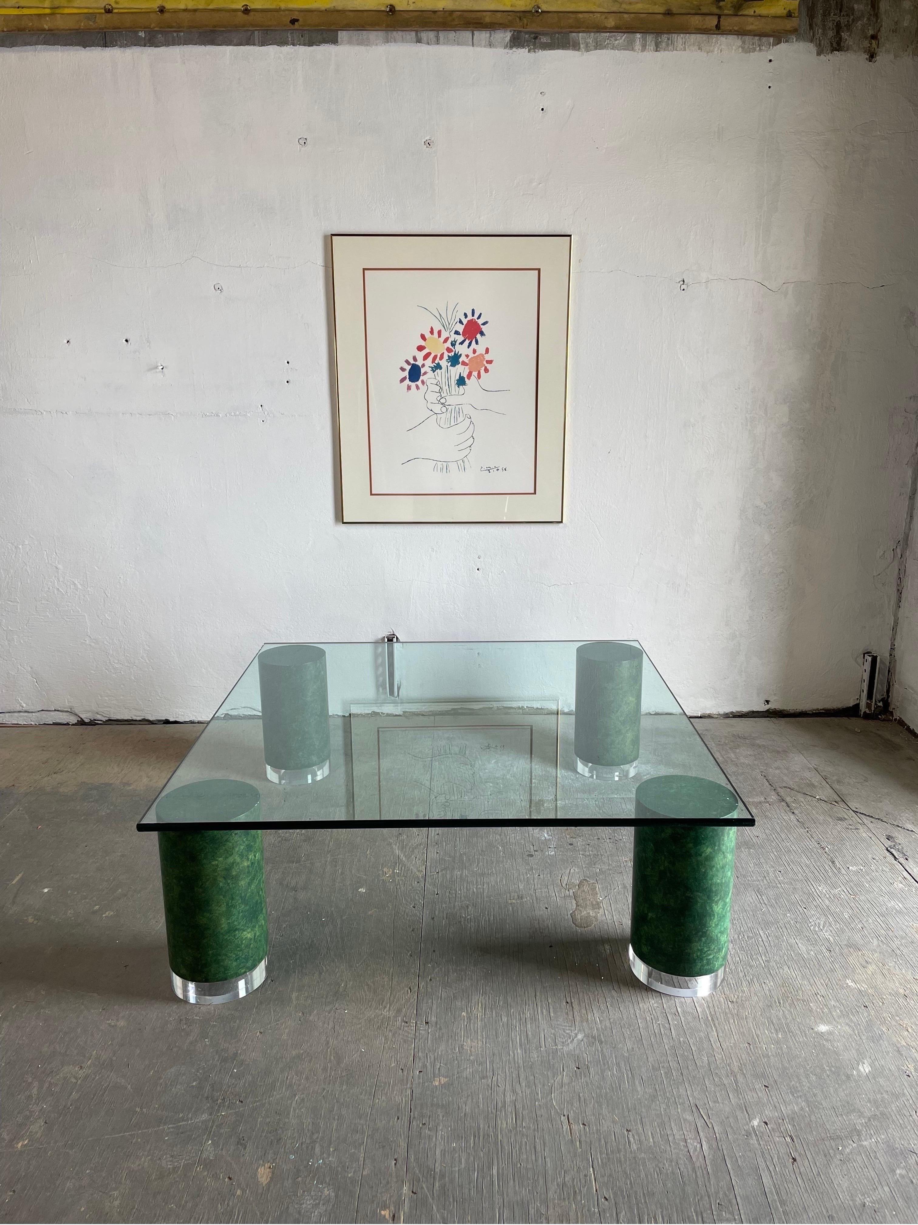 Post-Modern Glass Top Coffee Table on Thick Cylinder Faux Malachite/Marble Legs Lucite Caps For Sale