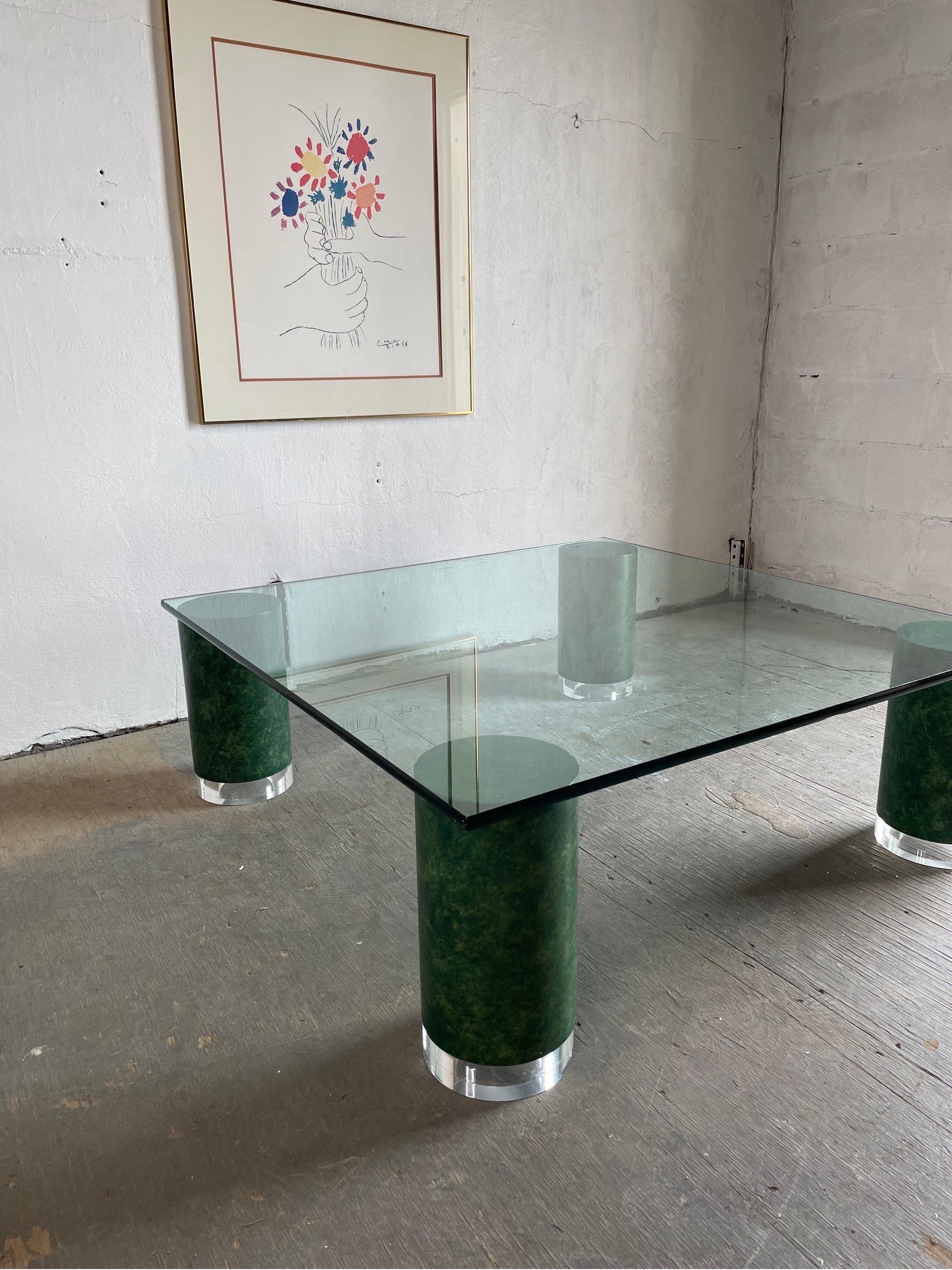 Glass Top Coffee Table on Thick Cylinder Faux Malachite/Marble Legs Lucite Caps In Good Condition For Sale In W Allenhurst, NJ