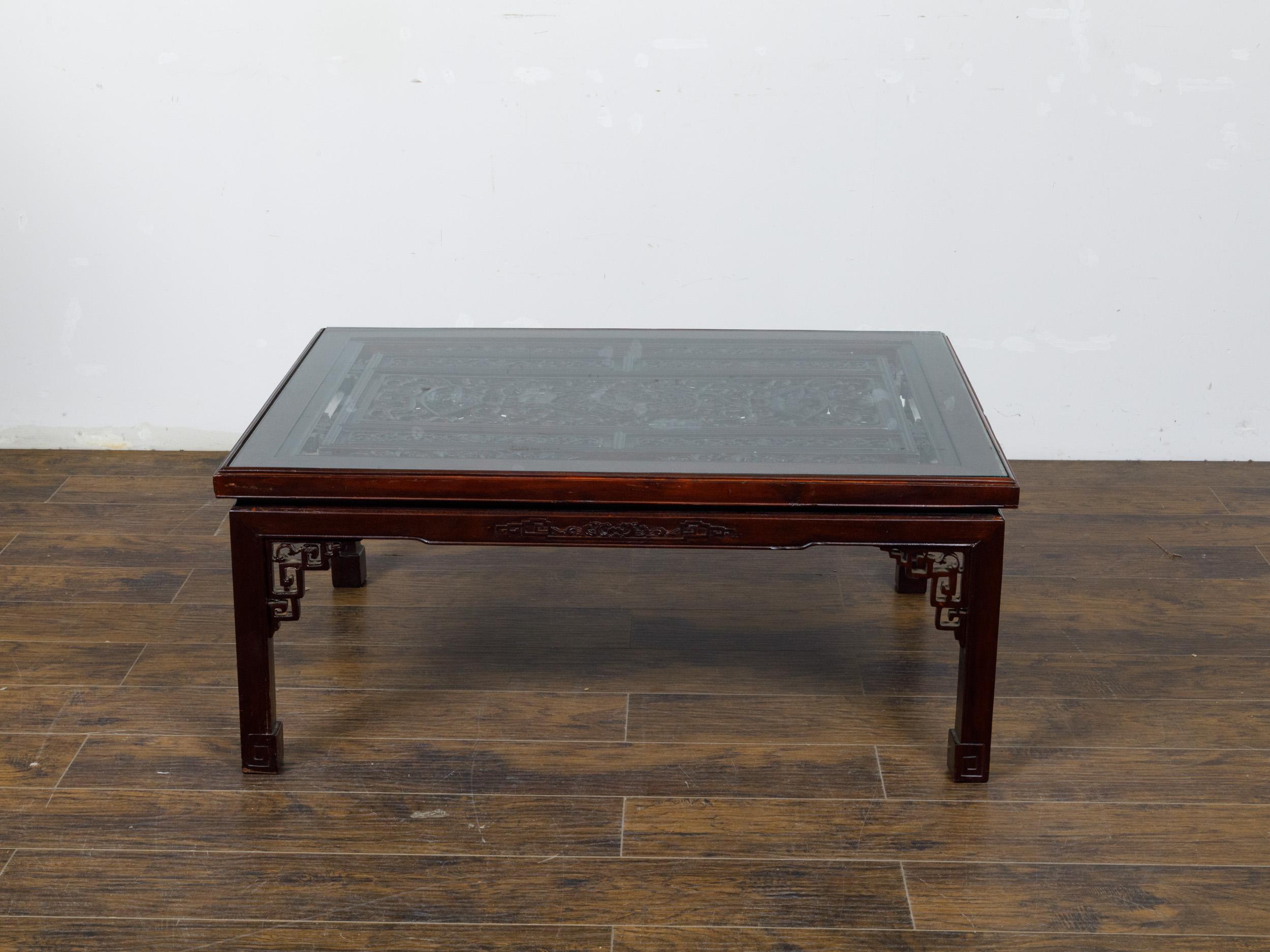 Glass Top Coffee Table with Fretwork Motifs and Scrolling Feet, circa 1950 For Sale 8
