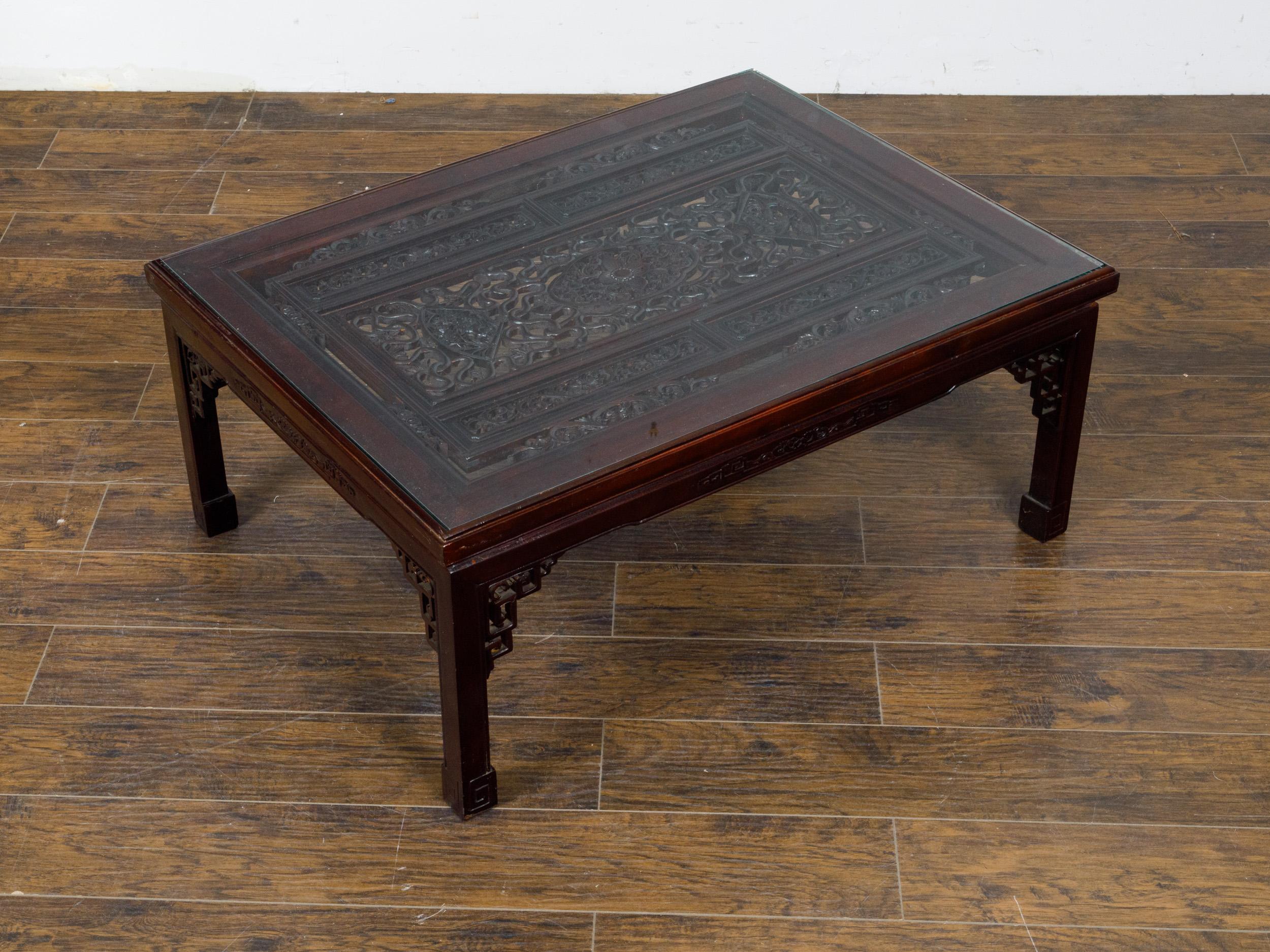 20th Century Glass Top Coffee Table with Fretwork Motifs and Scrolling Feet, circa 1950 For Sale