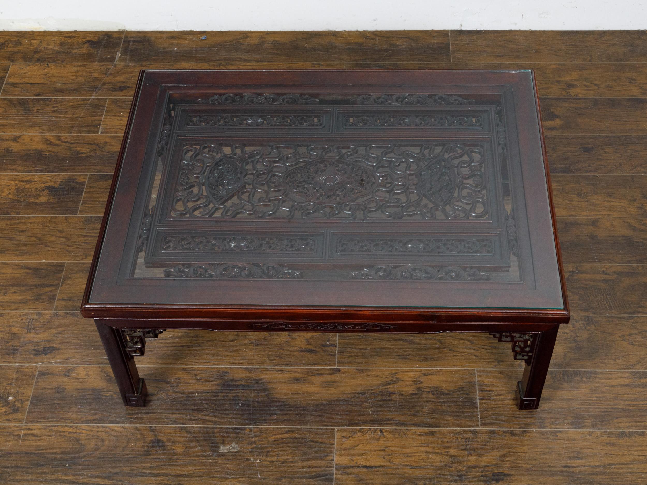 Glass Top Coffee Table with Fretwork Motifs and Scrolling Feet, circa 1950 For Sale 2